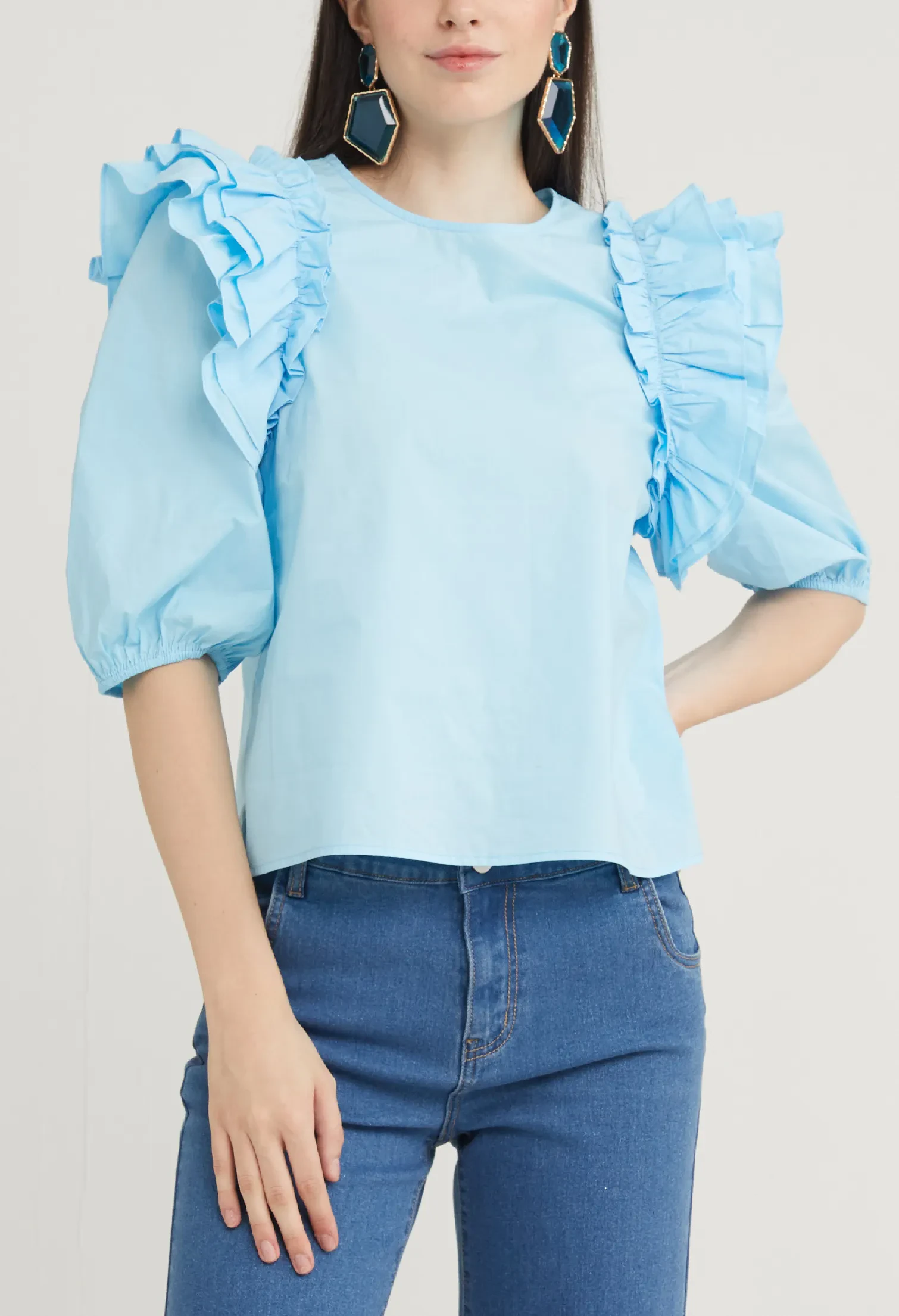 RUFFLE ACCENT 3/4 SLEEVE BLOUSE [BLUE]