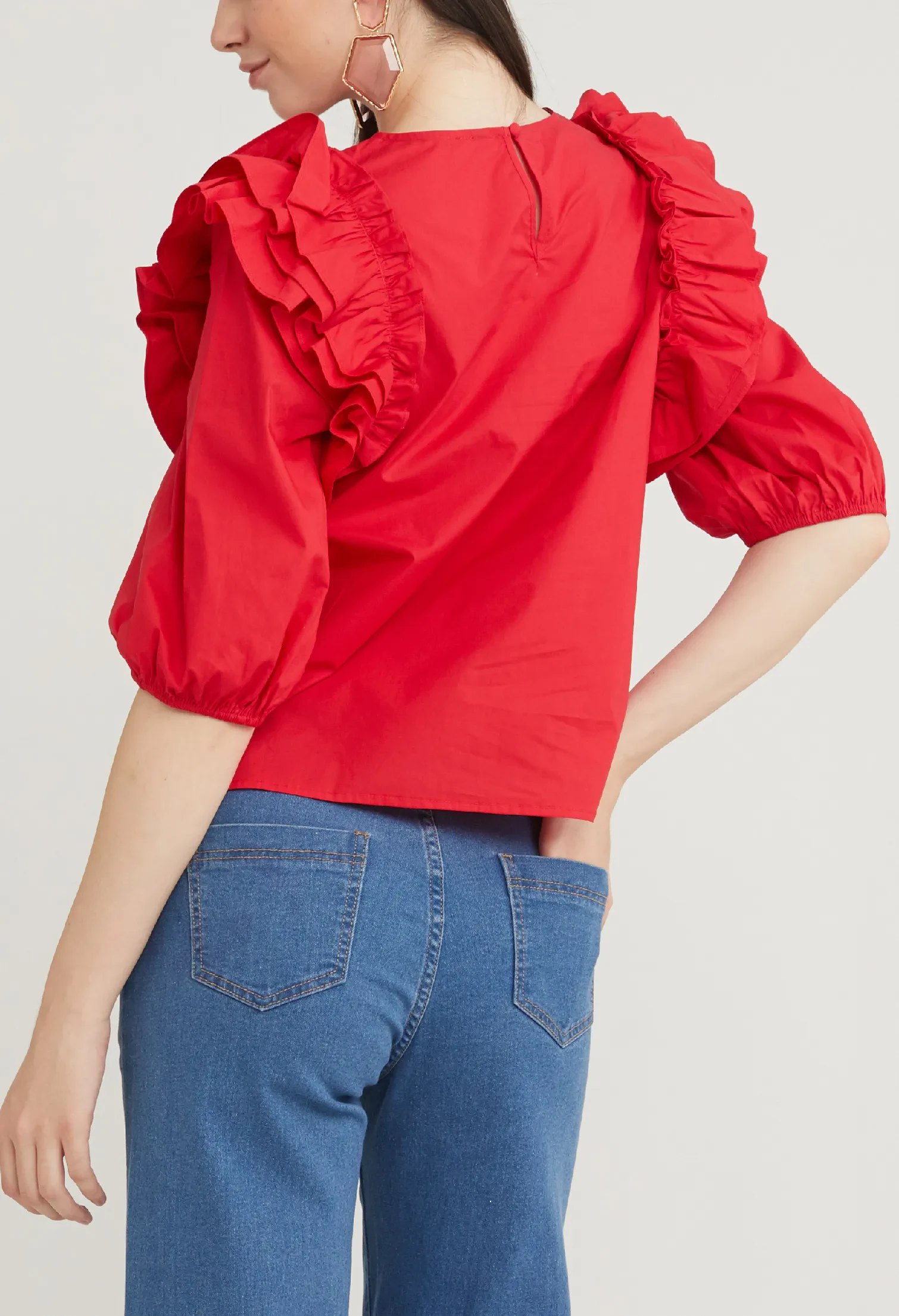 RUFFLE ACCENT 3/4 SLEEVE BLOUSE [RED]