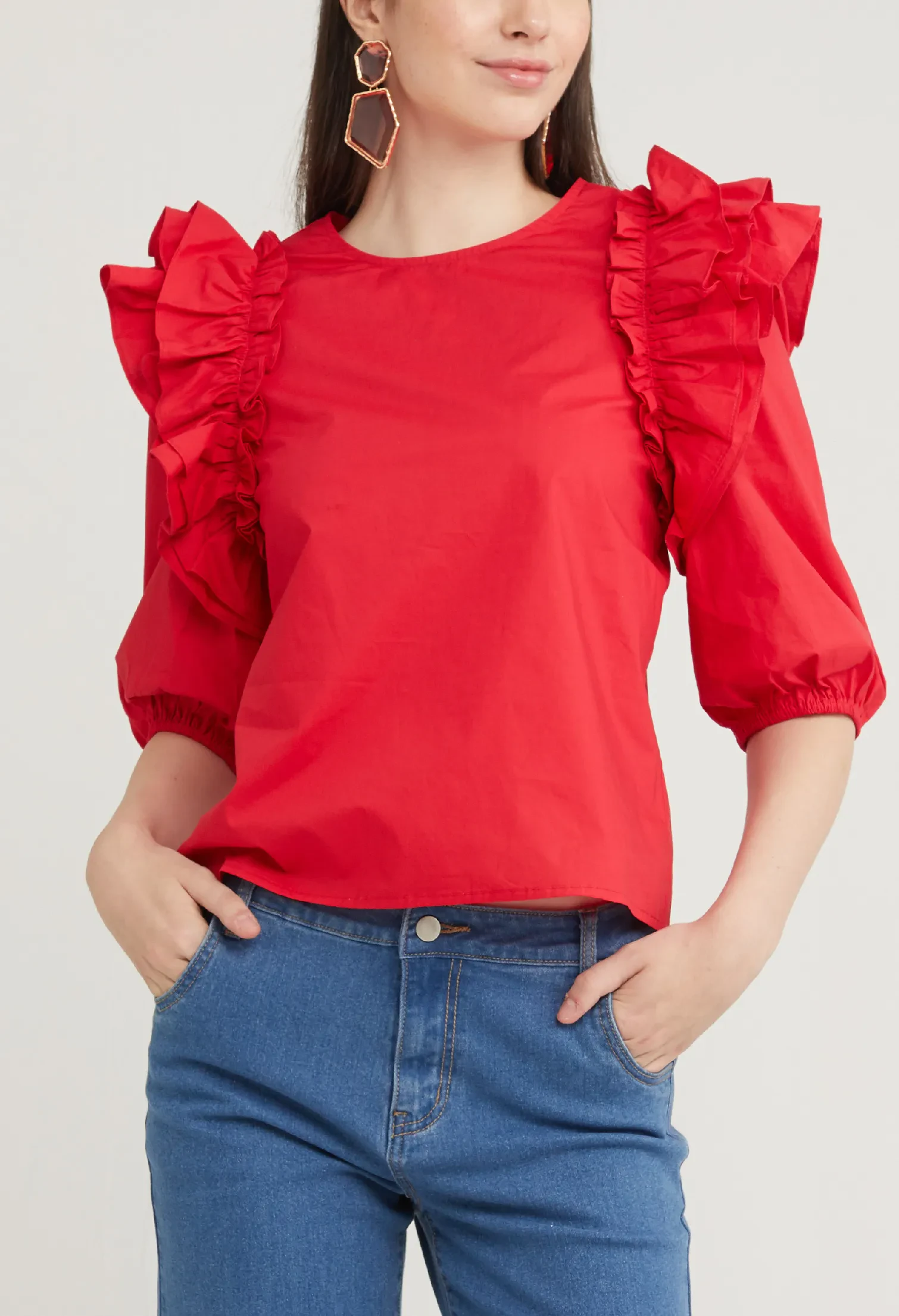 RUFFLE ACCENT 3/4 SLEEVE BLOUSE [RED]