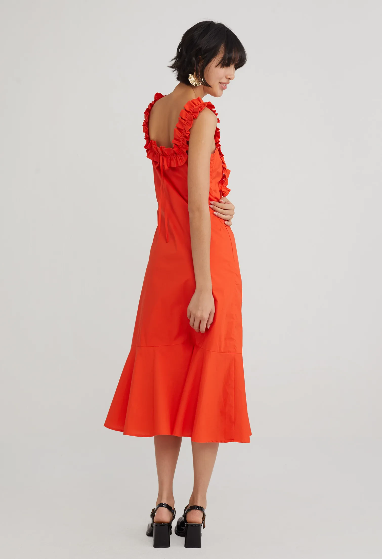 RUFFLE DETAIL DROP WAIST DRESS [ORANGE RED]