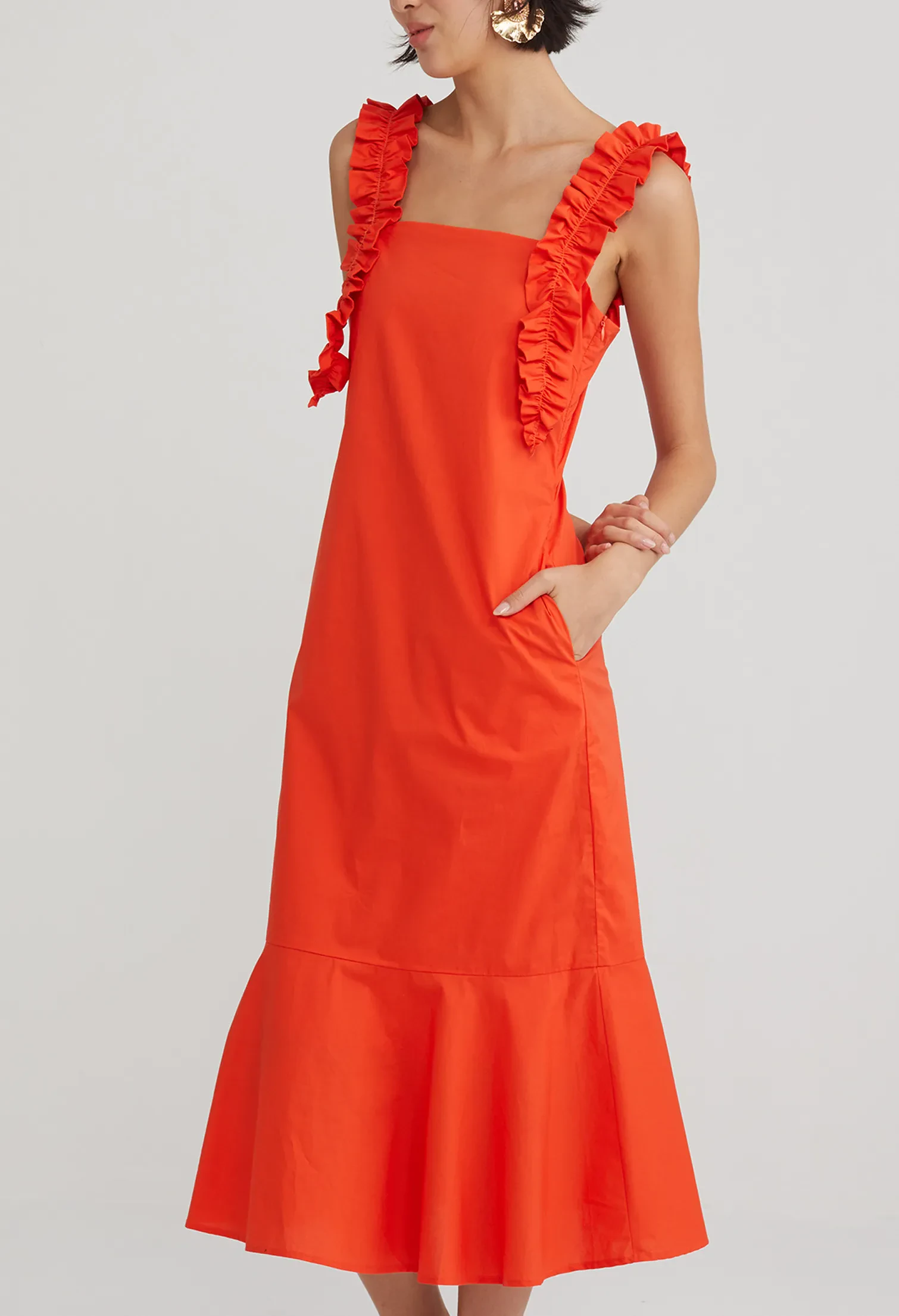RUFFLE DETAIL DROP WAIST DRESS [ORANGE RED]