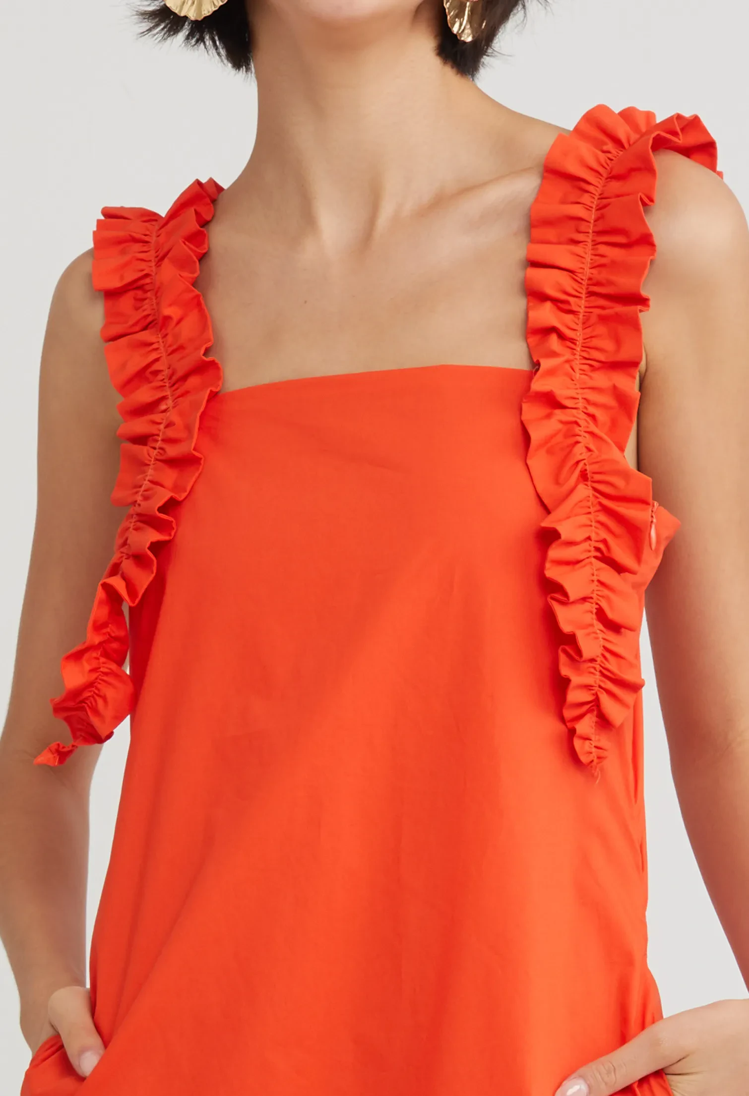 RUFFLE DETAIL DROP WAIST DRESS [ORANGE RED]