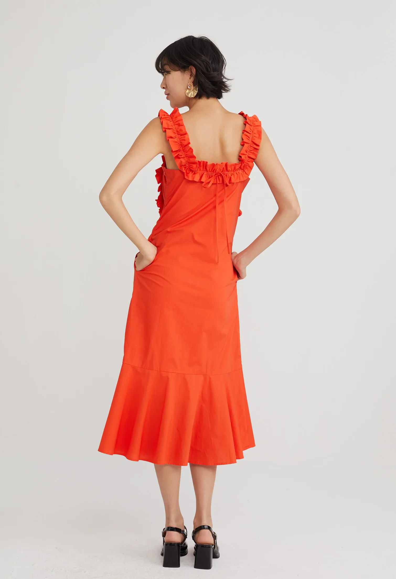 RUFFLE DETAIL DROP WAIST DRESS [ORANGE RED]