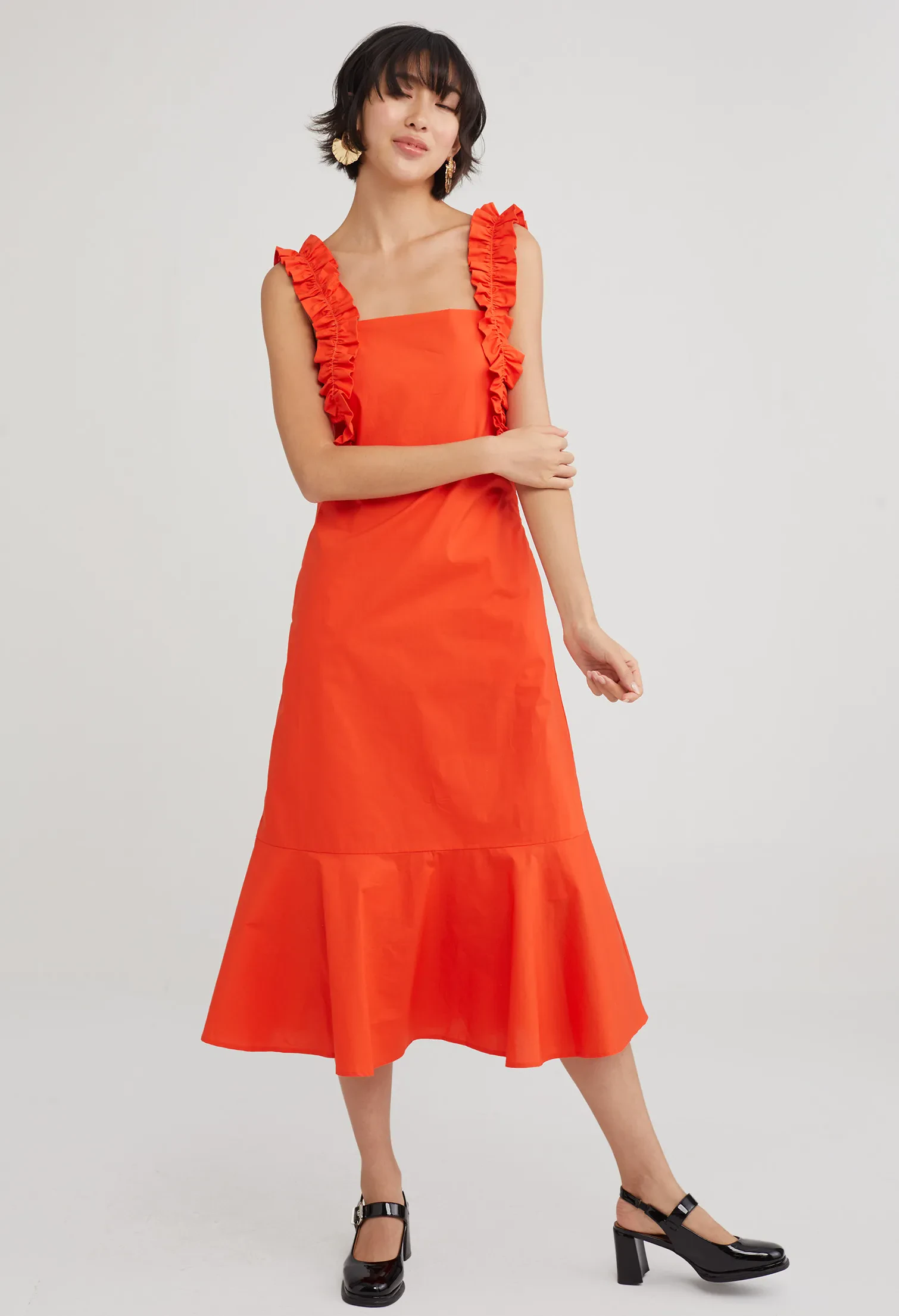 RUFFLE DETAIL DROP WAIST DRESS [ORANGE RED]