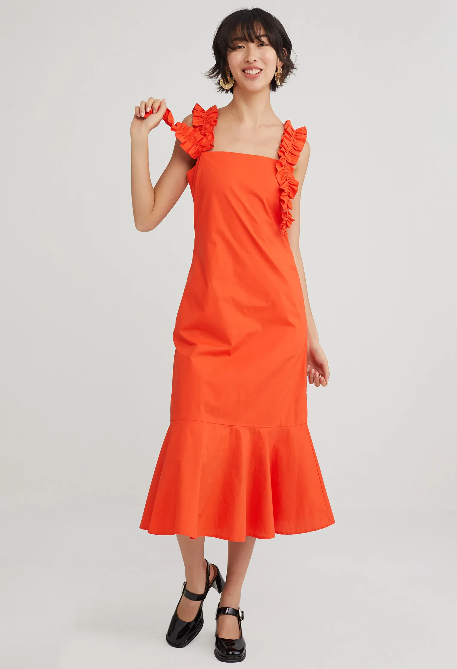 RUFFLE DETAIL DROP WAIST DRESS [ORANGE RED]