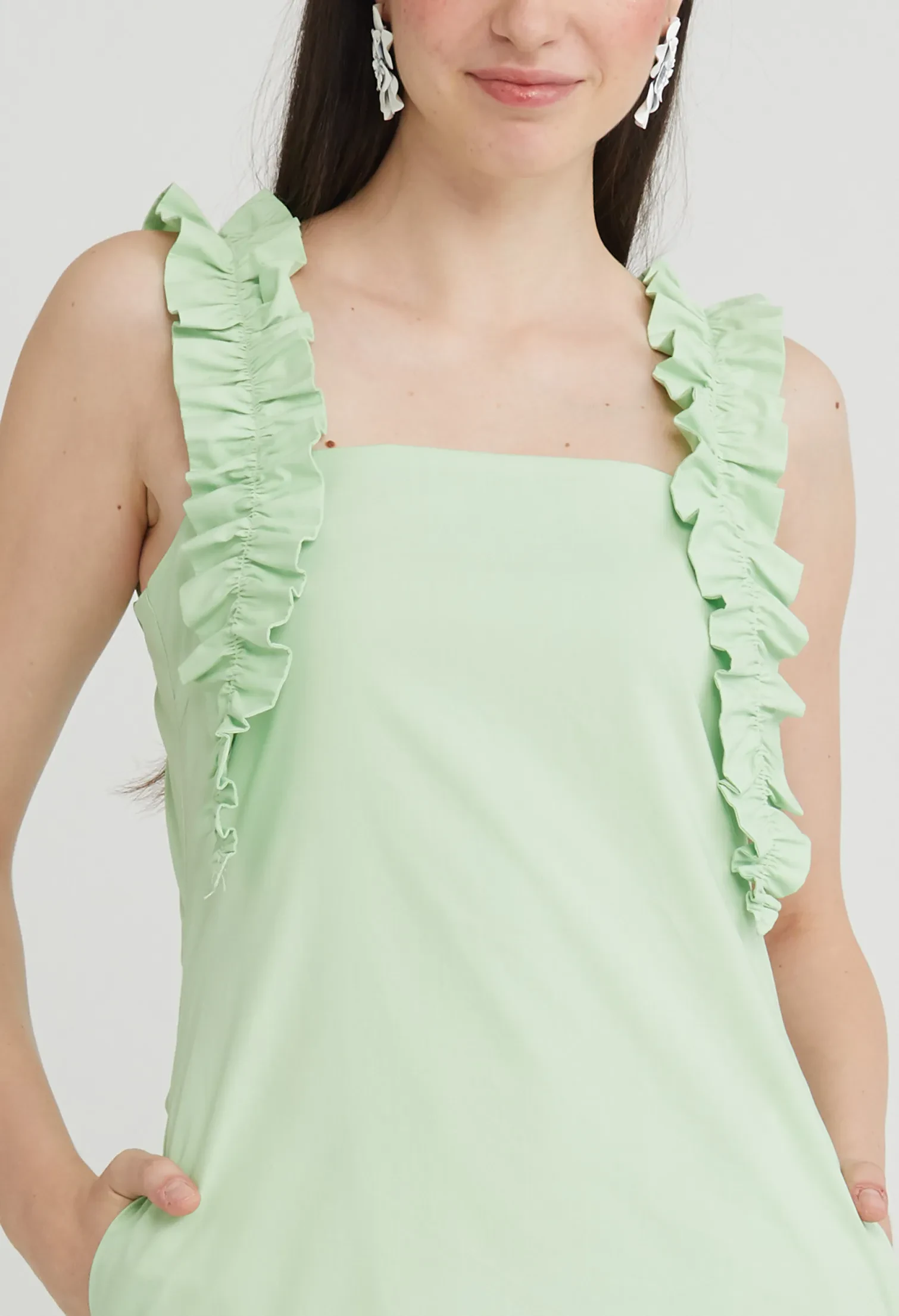 RUFFLE DETAIL DROP WAIST DRESS [PASTEL GREEN]