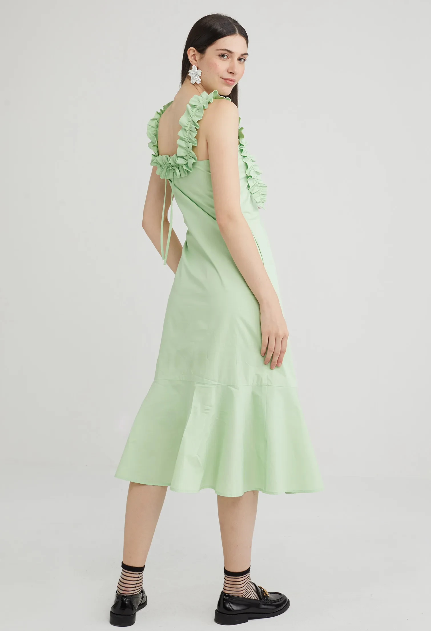 RUFFLE DETAIL DROP WAIST DRESS [PASTEL GREEN]