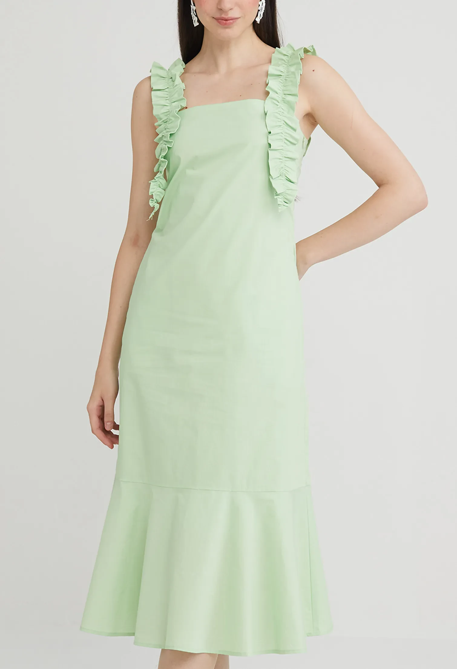 RUFFLE DETAIL DROP WAIST DRESS [PASTEL GREEN]