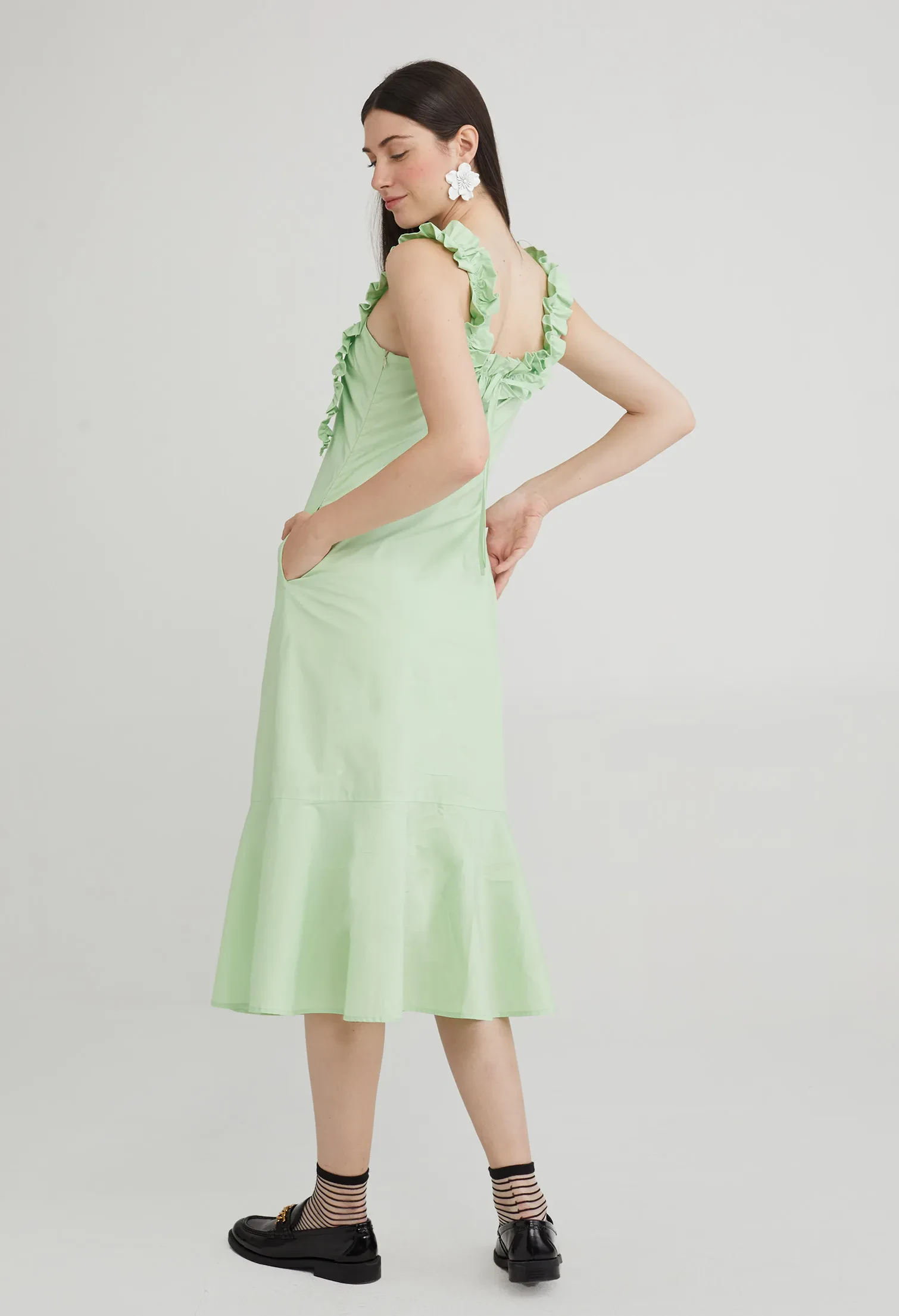 RUFFLE DETAIL DROP WAIST DRESS [PASTEL GREEN]