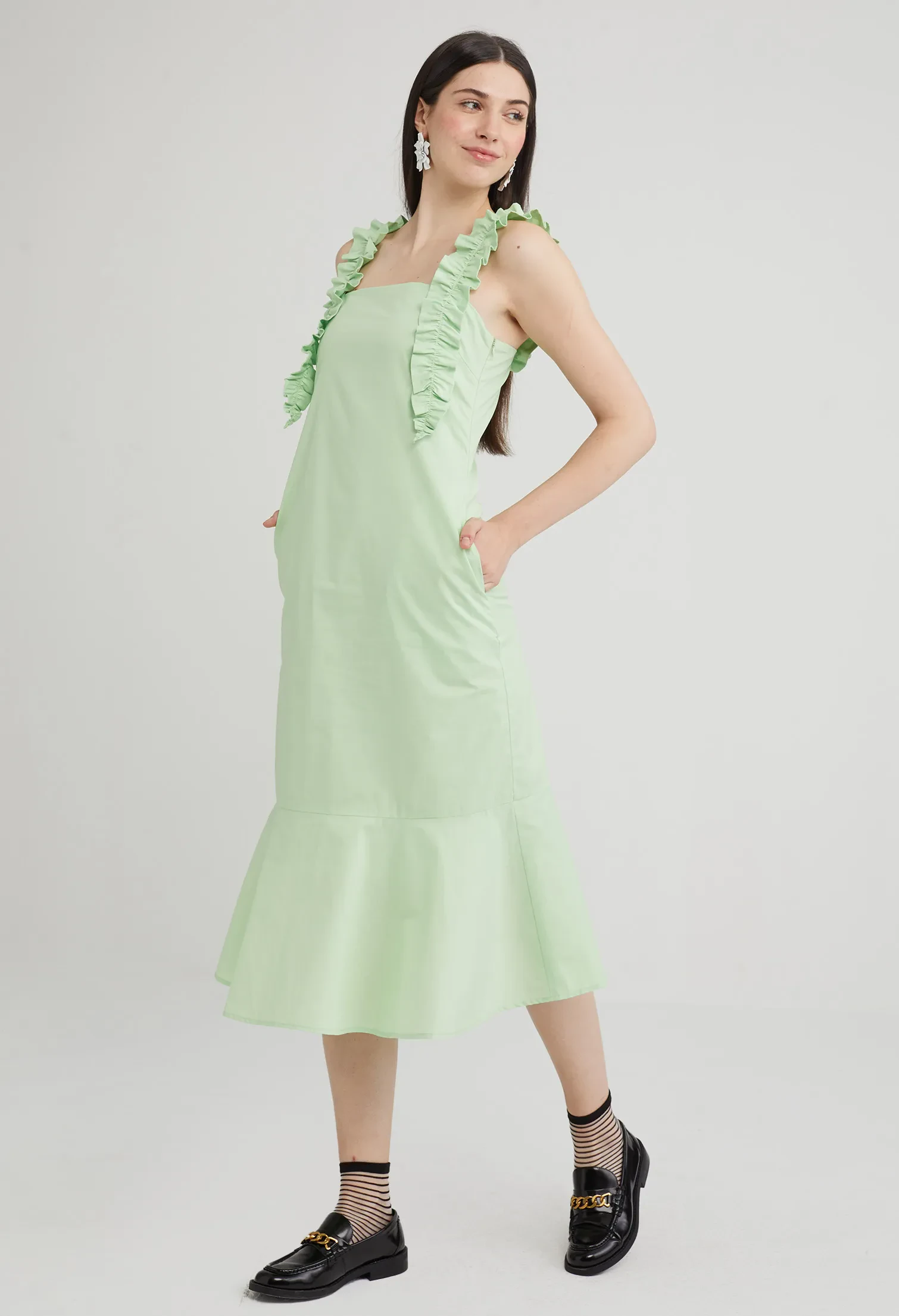 RUFFLE DETAIL DROP WAIST DRESS [PASTEL GREEN]