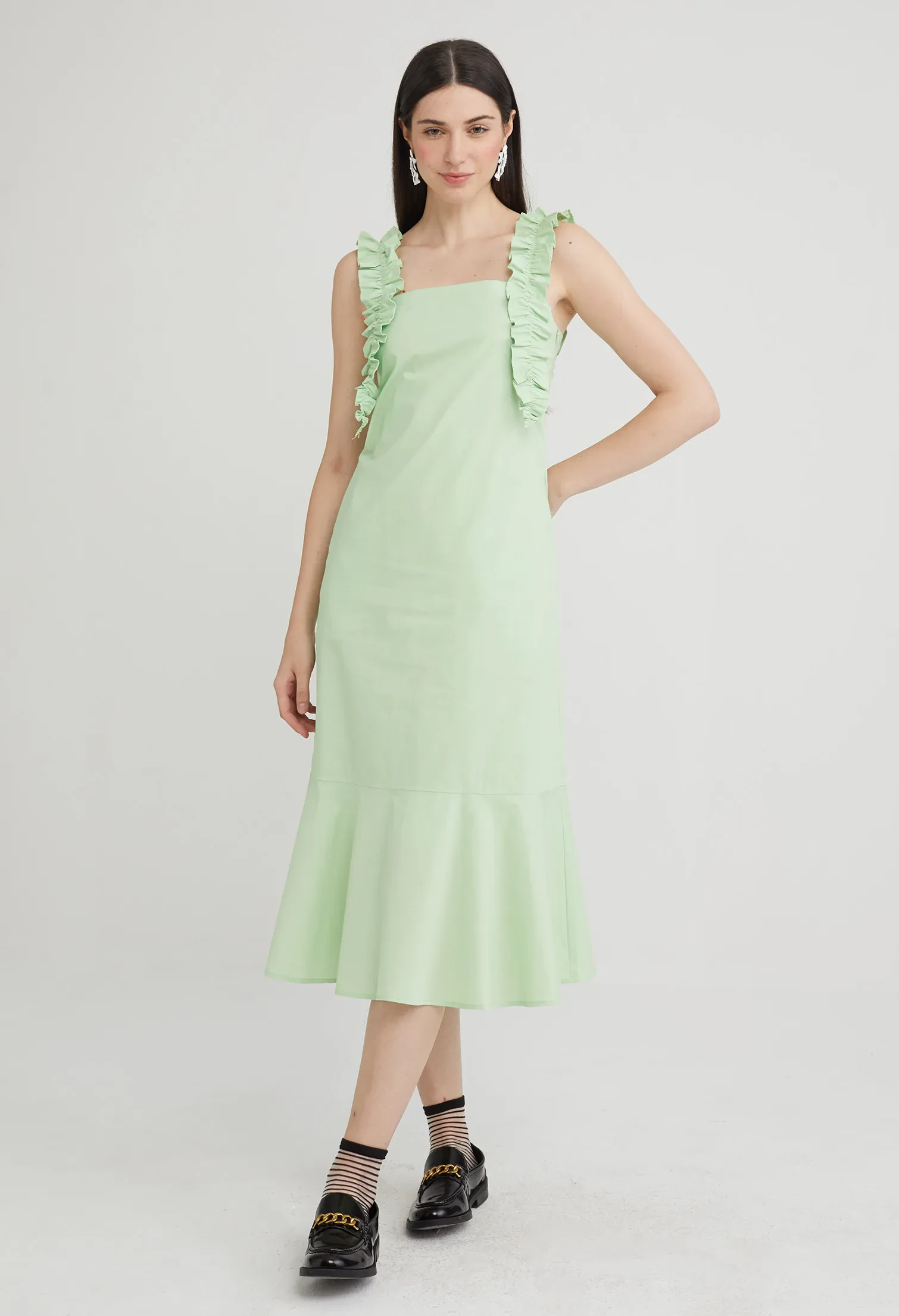 RUFFLE DETAIL DROP WAIST DRESS [PASTEL GREEN]