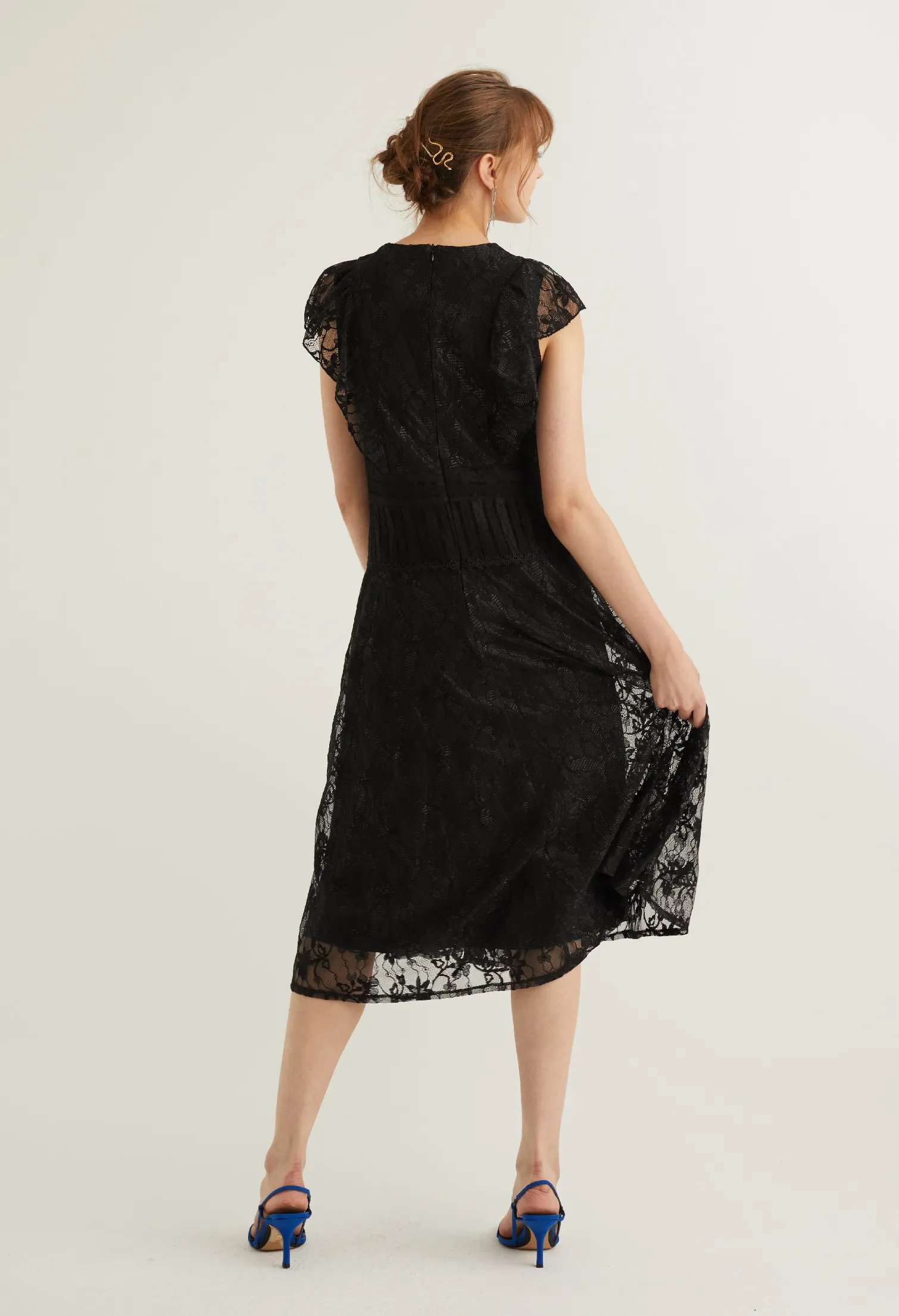 RUFFLE LACE DETAIL COCKTAIL DRESS [BLACK]