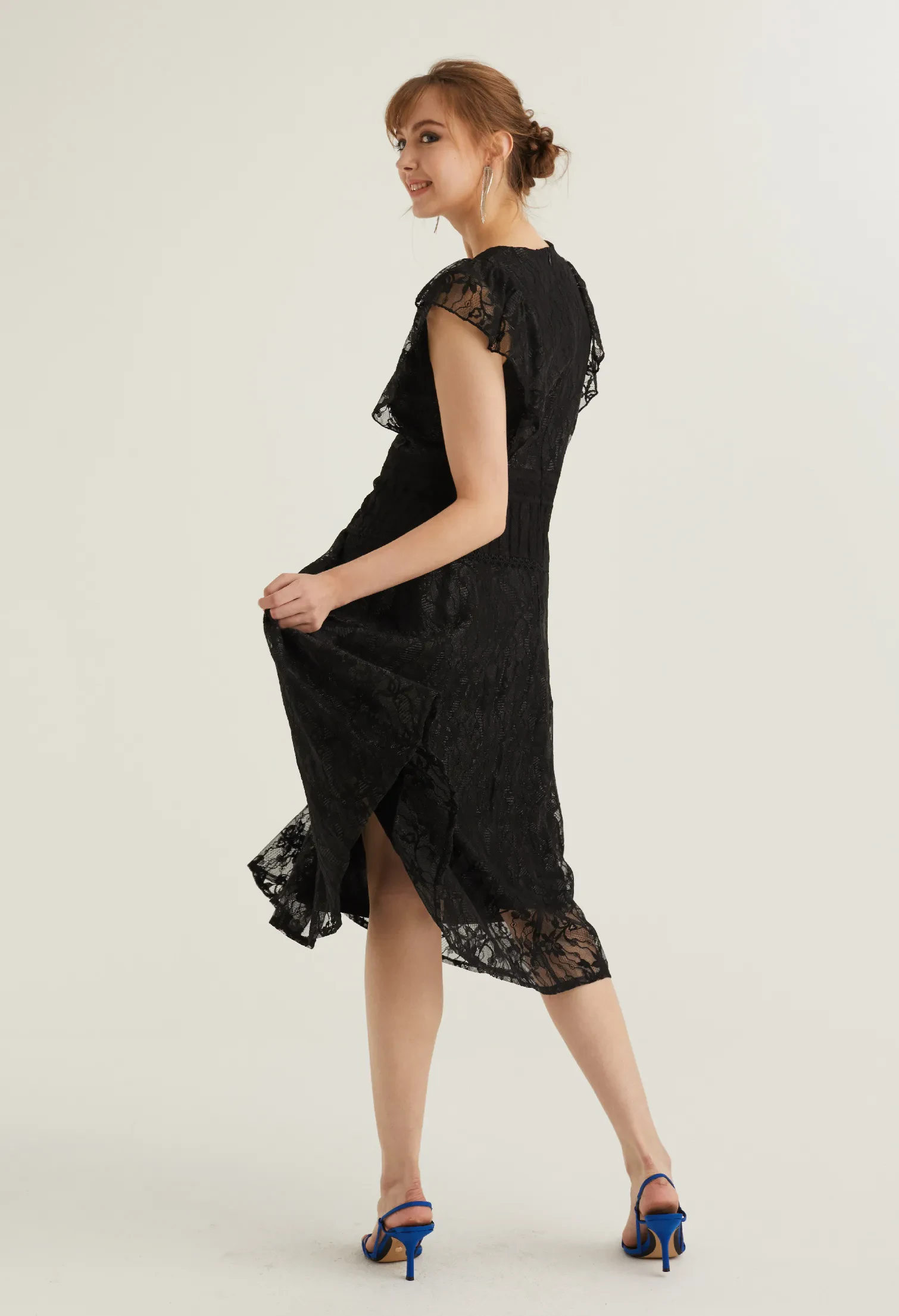 RUFFLE LACE DETAIL COCKTAIL DRESS [BLACK]