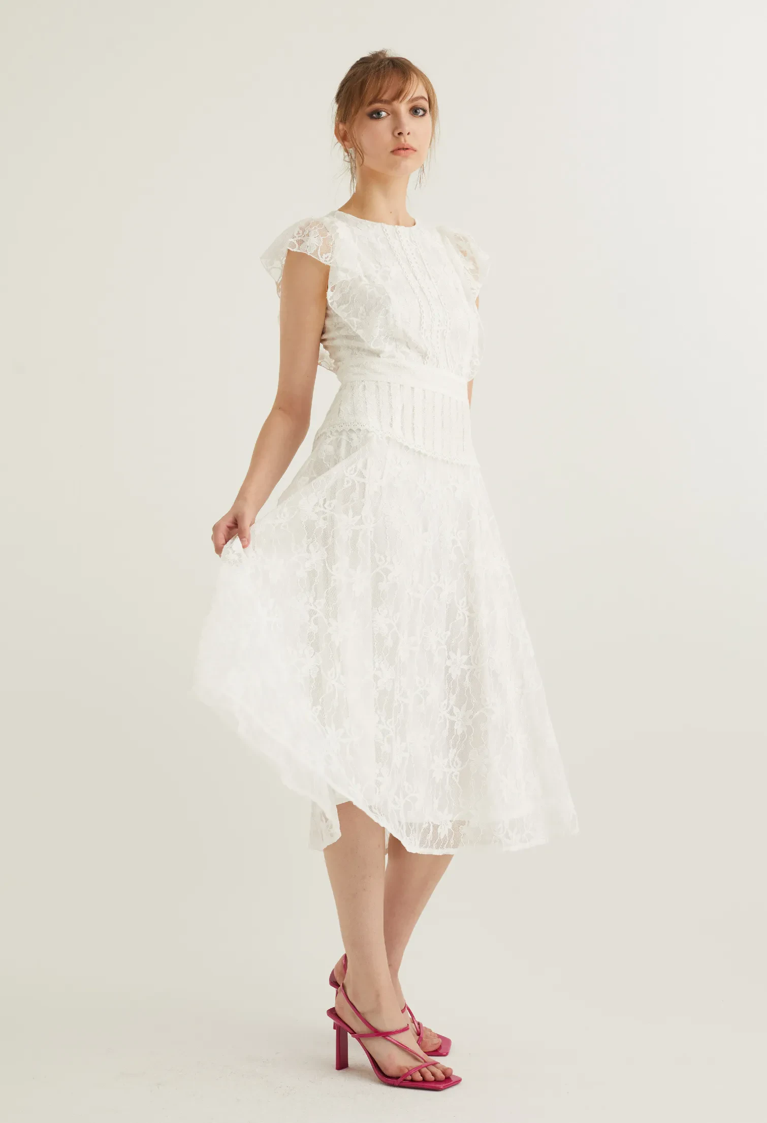 RUFFLE LACE DETAIL COCKTAIL DRESS [CREAM]