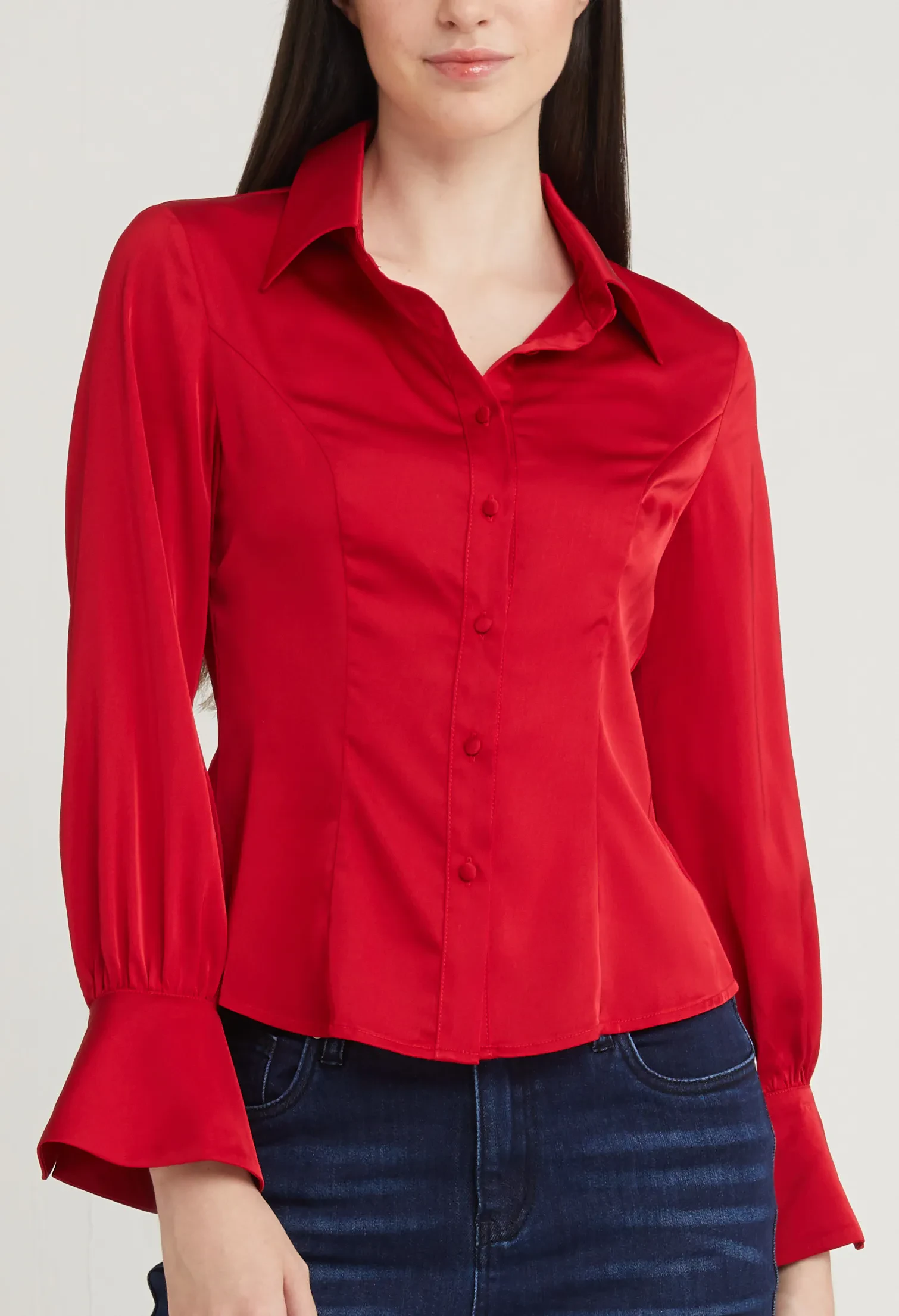 SATIN FITTED PETAL SLEEVE BLOUSE [D/RED]