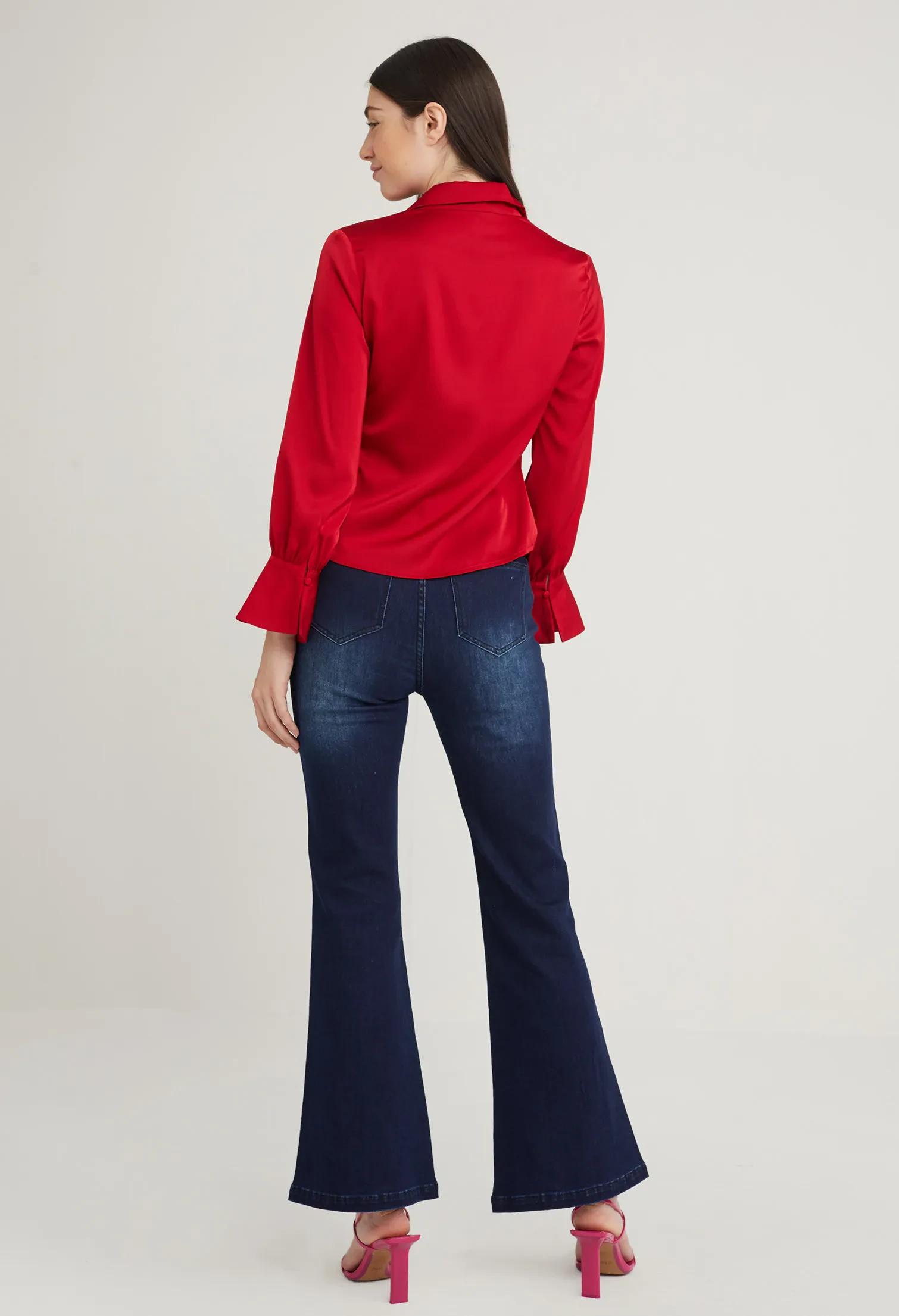 SATIN FITTED PETAL SLEEVE BLOUSE [D/RED]