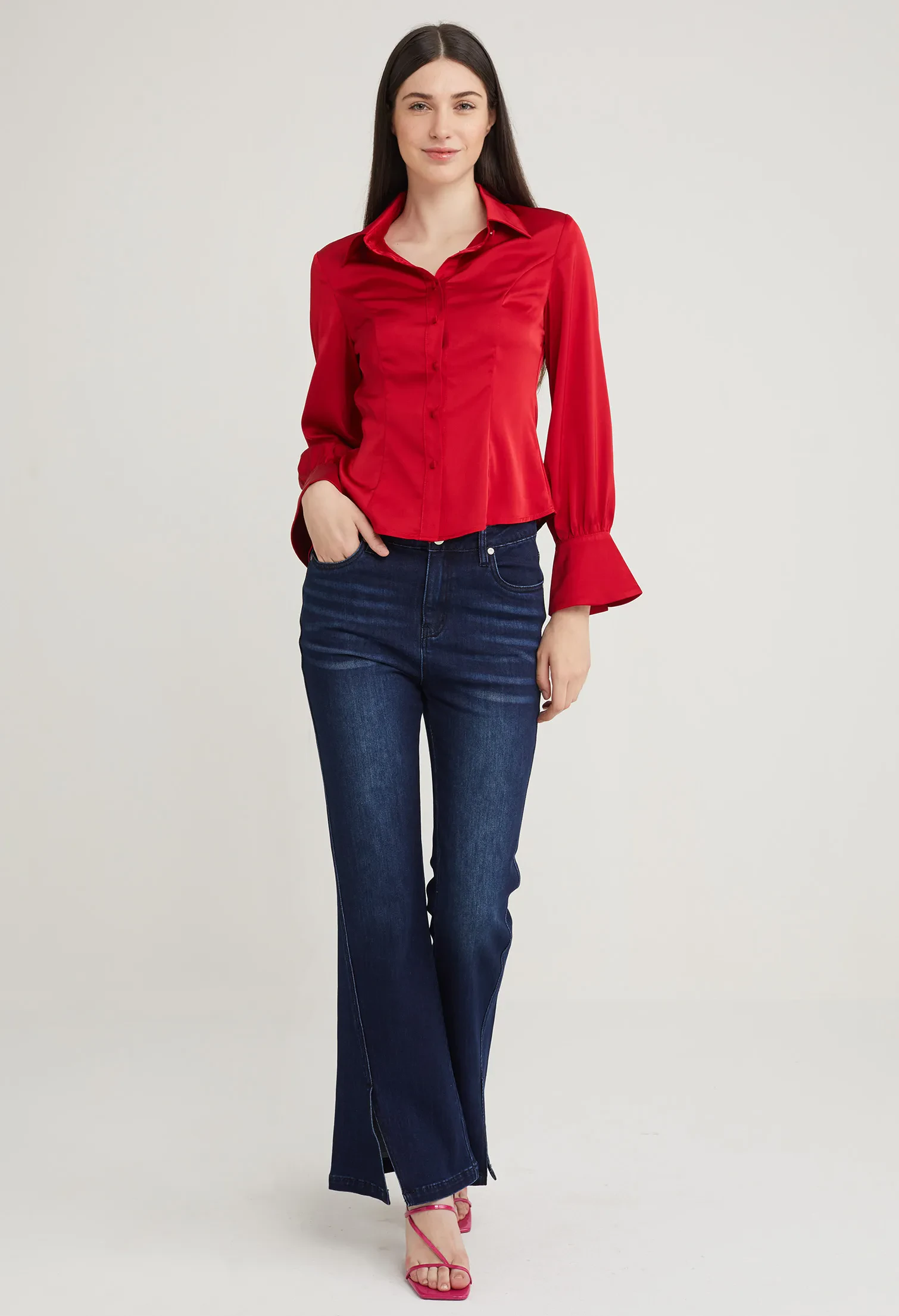 SATIN FITTED PETAL SLEEVE BLOUSE [D/RED]