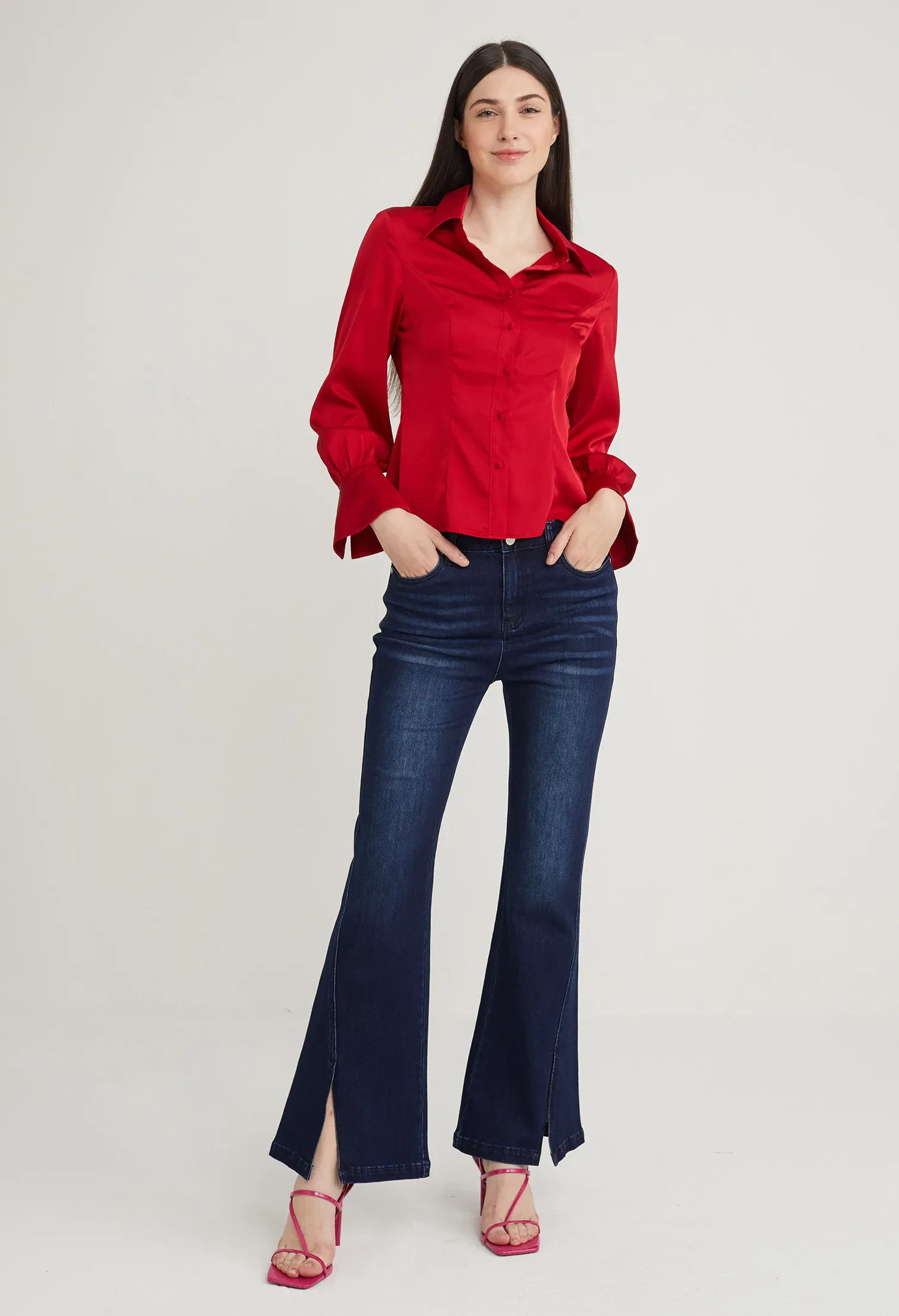 SATIN FITTED PETAL SLEEVE BLOUSE [D/RED]