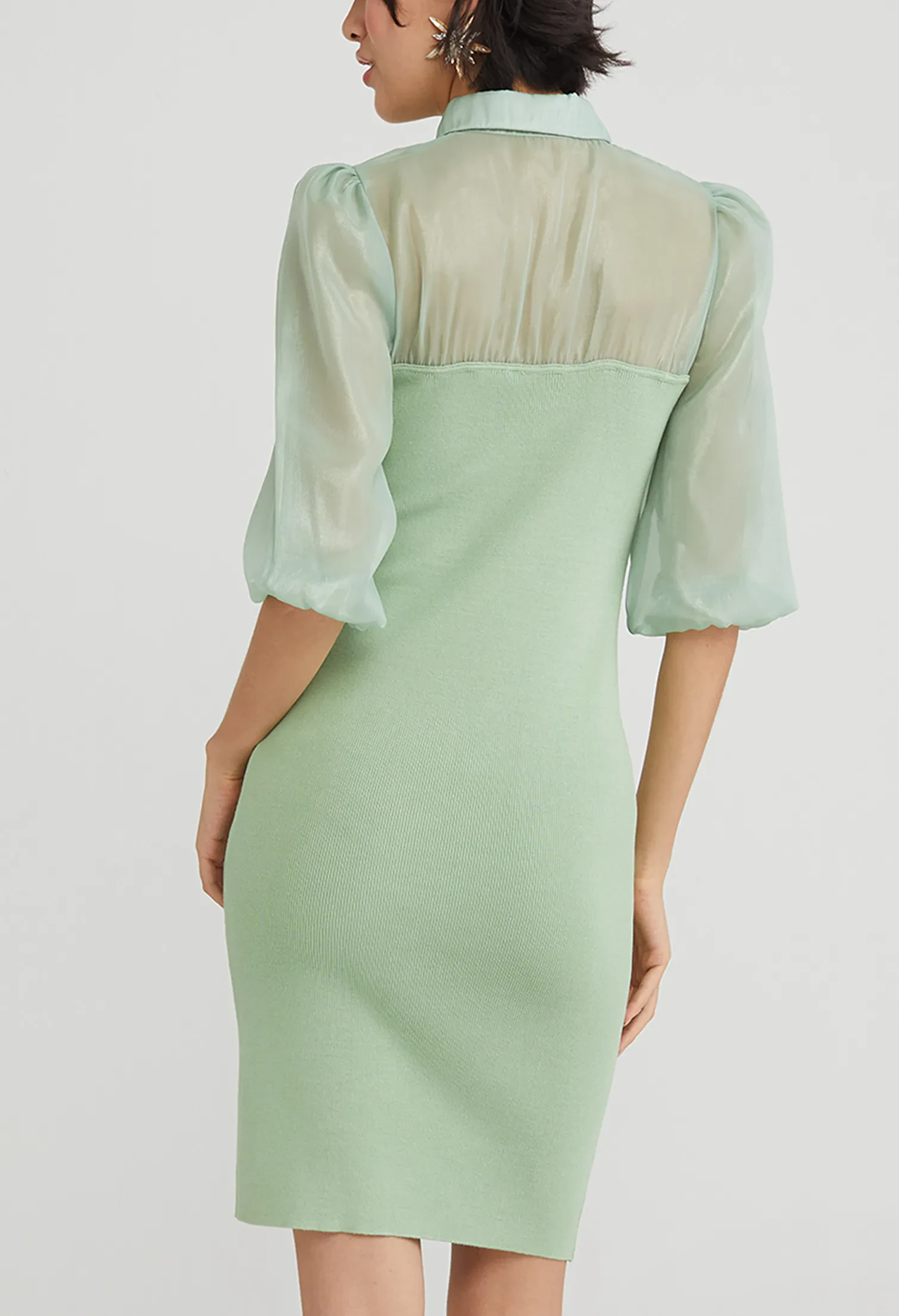 SHEER BALLON SLEEVE BODYCON DRESS [PASTEL GREEN]