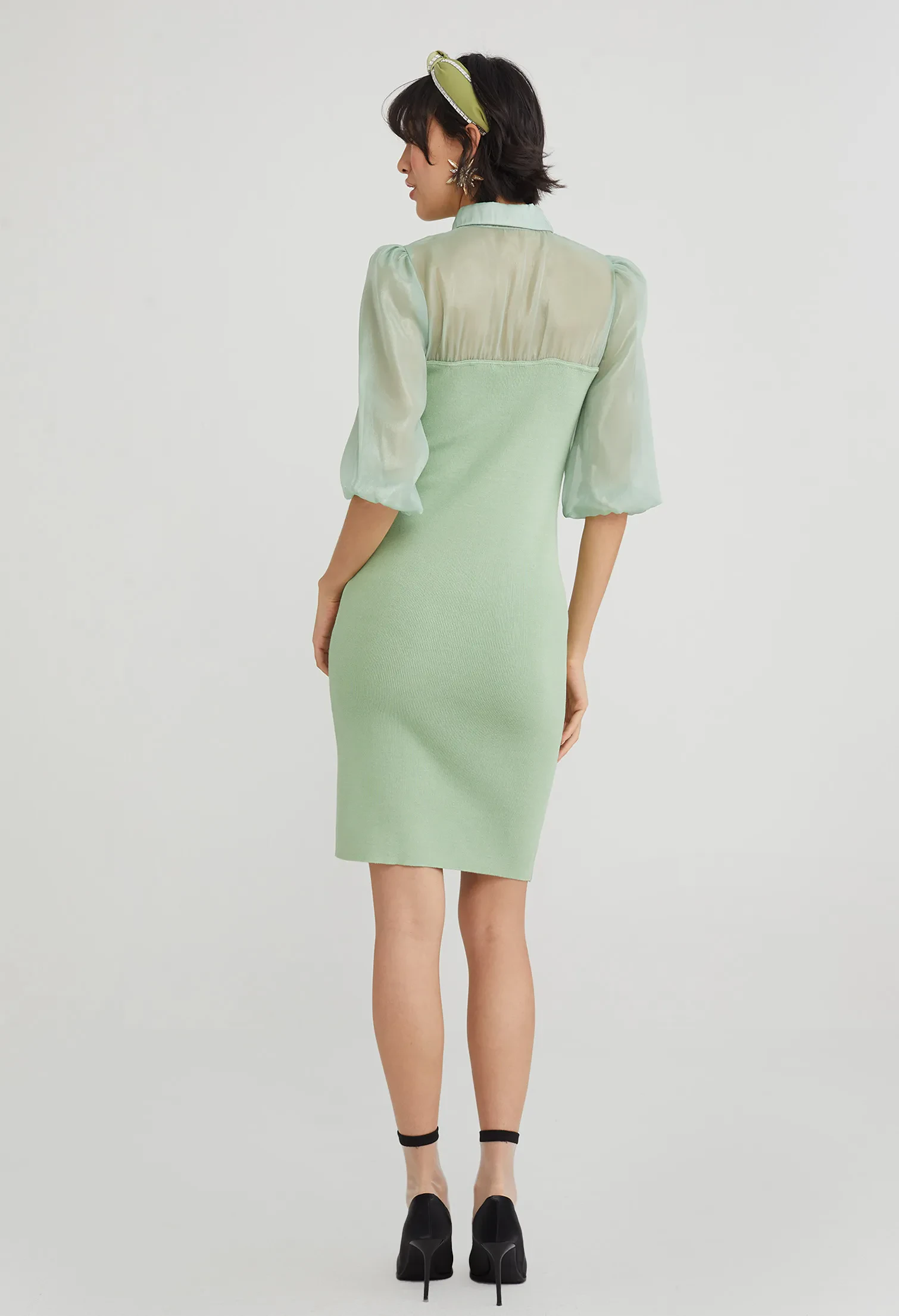 SHEER BALLON SLEEVE BODYCON DRESS [PASTEL GREEN]