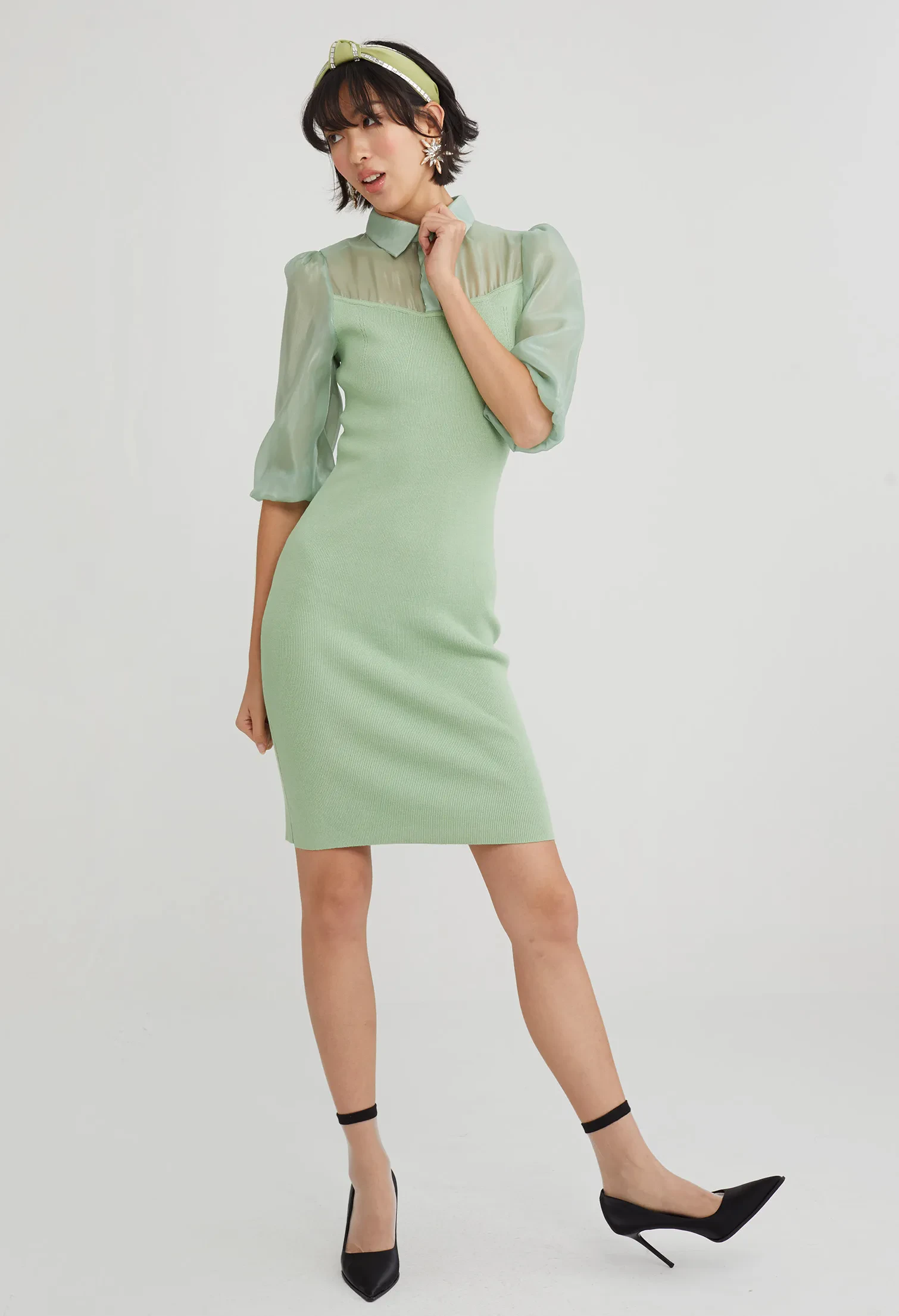 SHEER BALLON SLEEVE BODYCON DRESS [PASTEL GREEN]