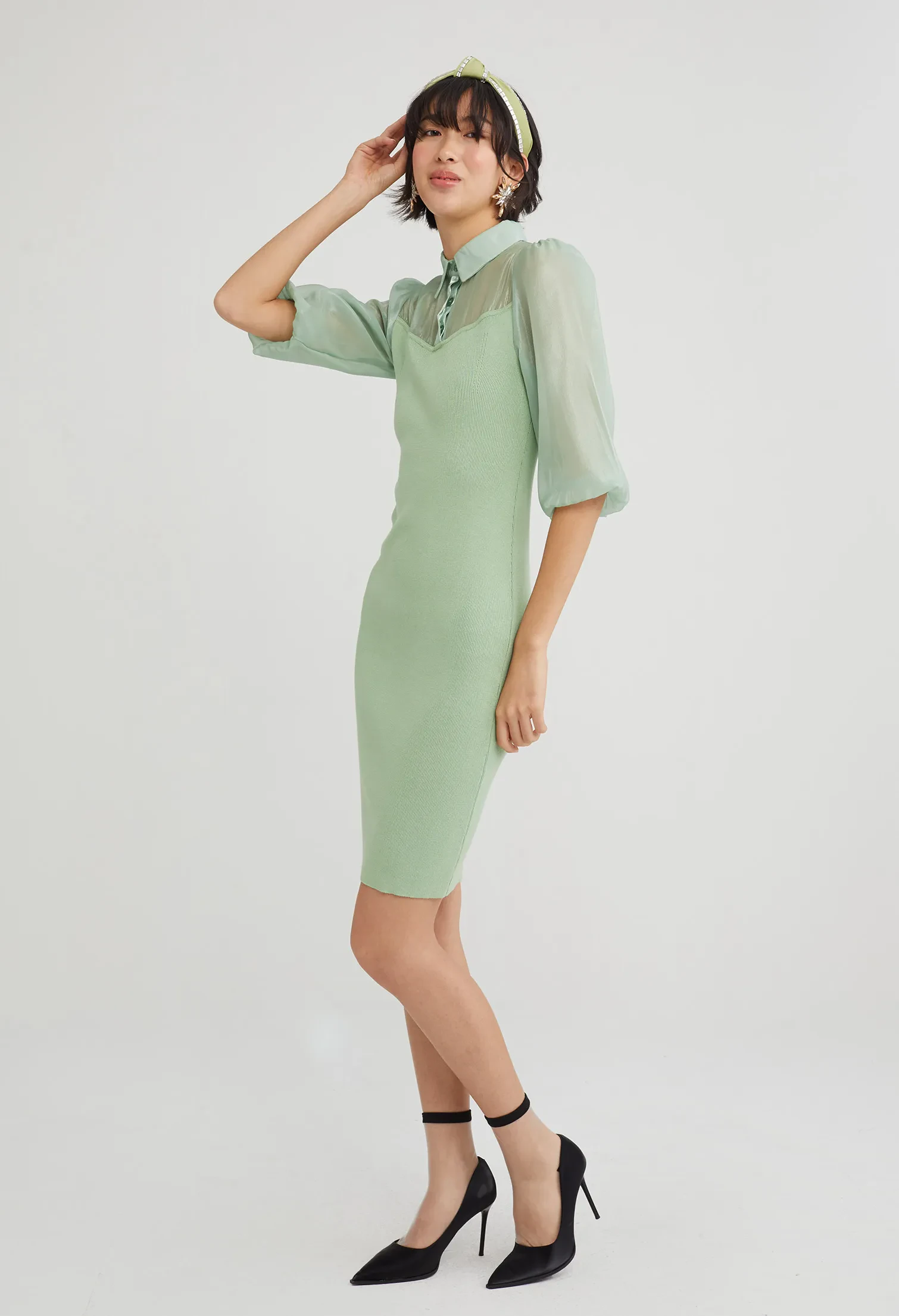 SHEER BALLON SLEEVE BODYCON DRESS [PASTEL GREEN]