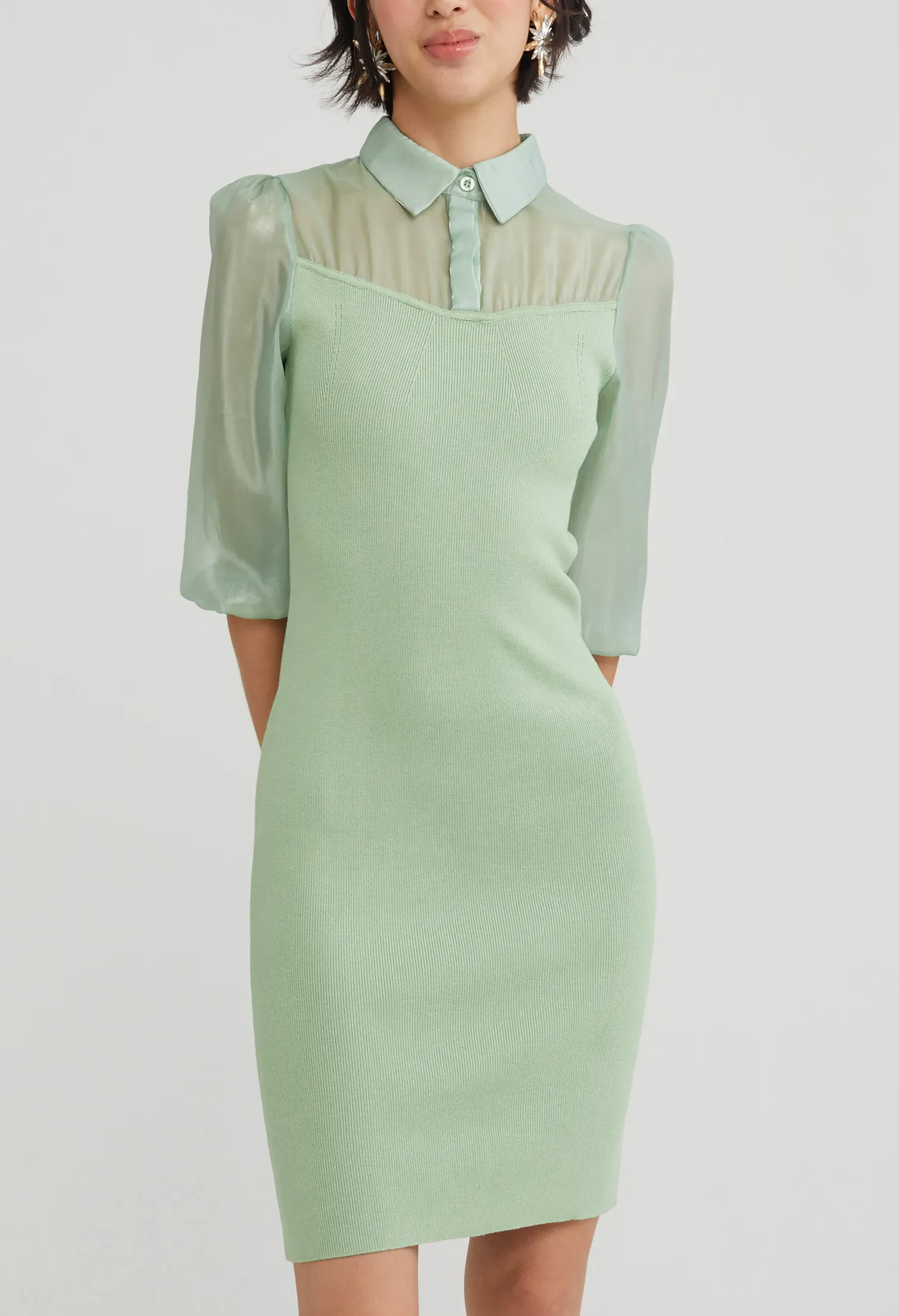 SHEER BALLON SLEEVE BODYCON DRESS [PASTEL GREEN]