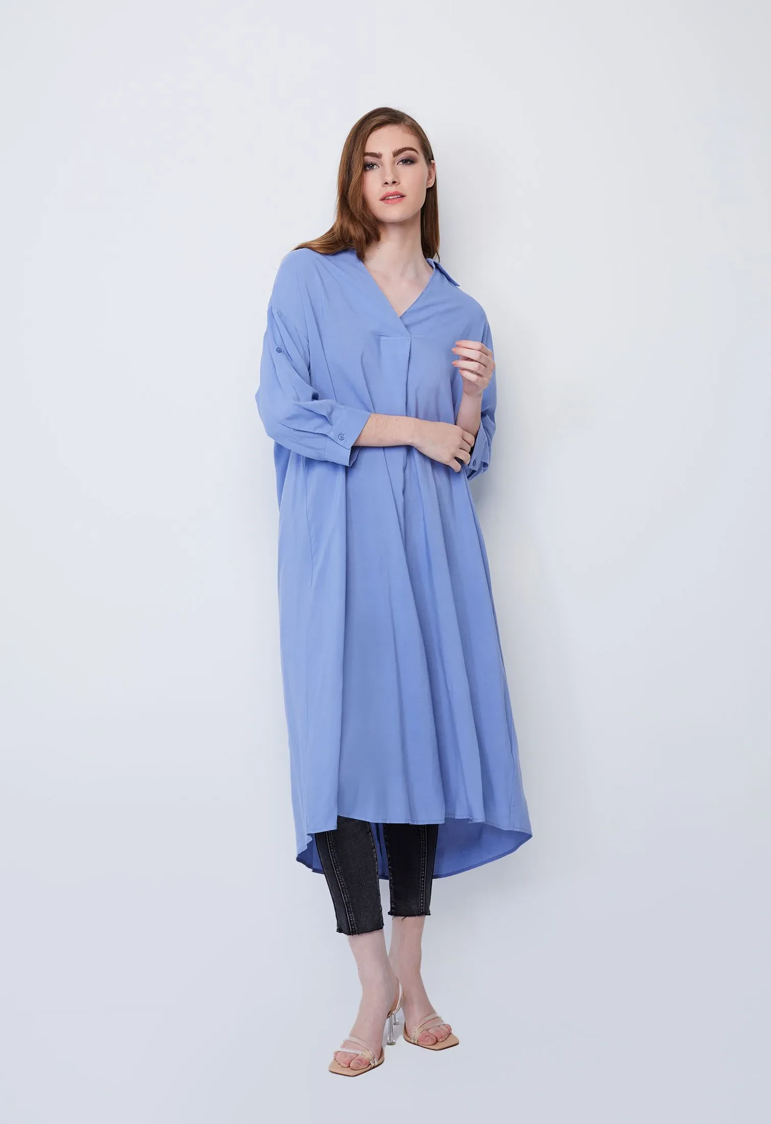 SLIP-ON DRESS WITH FOLDED CUFF SLEEVE [BLUE]