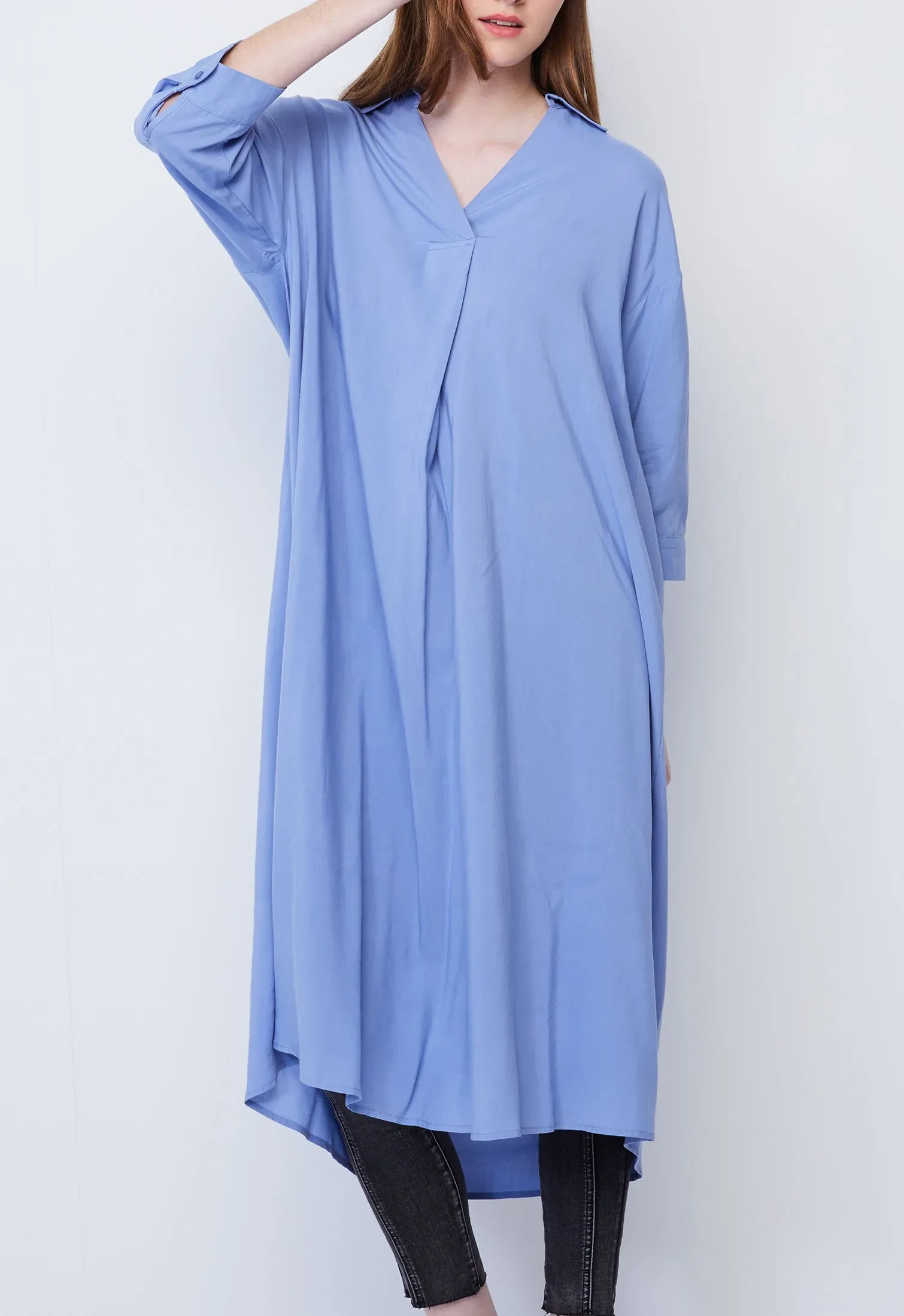 SLIP-ON DRESS WITH FOLDED CUFF SLEEVE [BLUE]