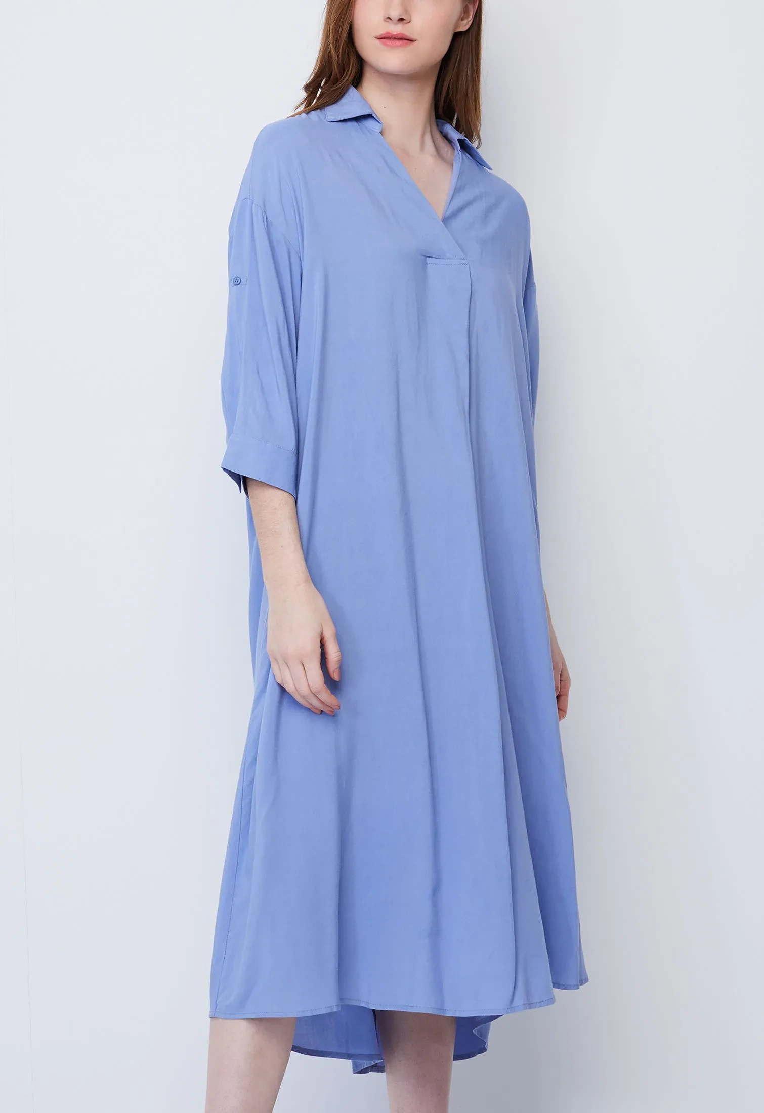 SLIP-ON DRESS WITH FOLDED CUFF SLEEVE [BLUE]