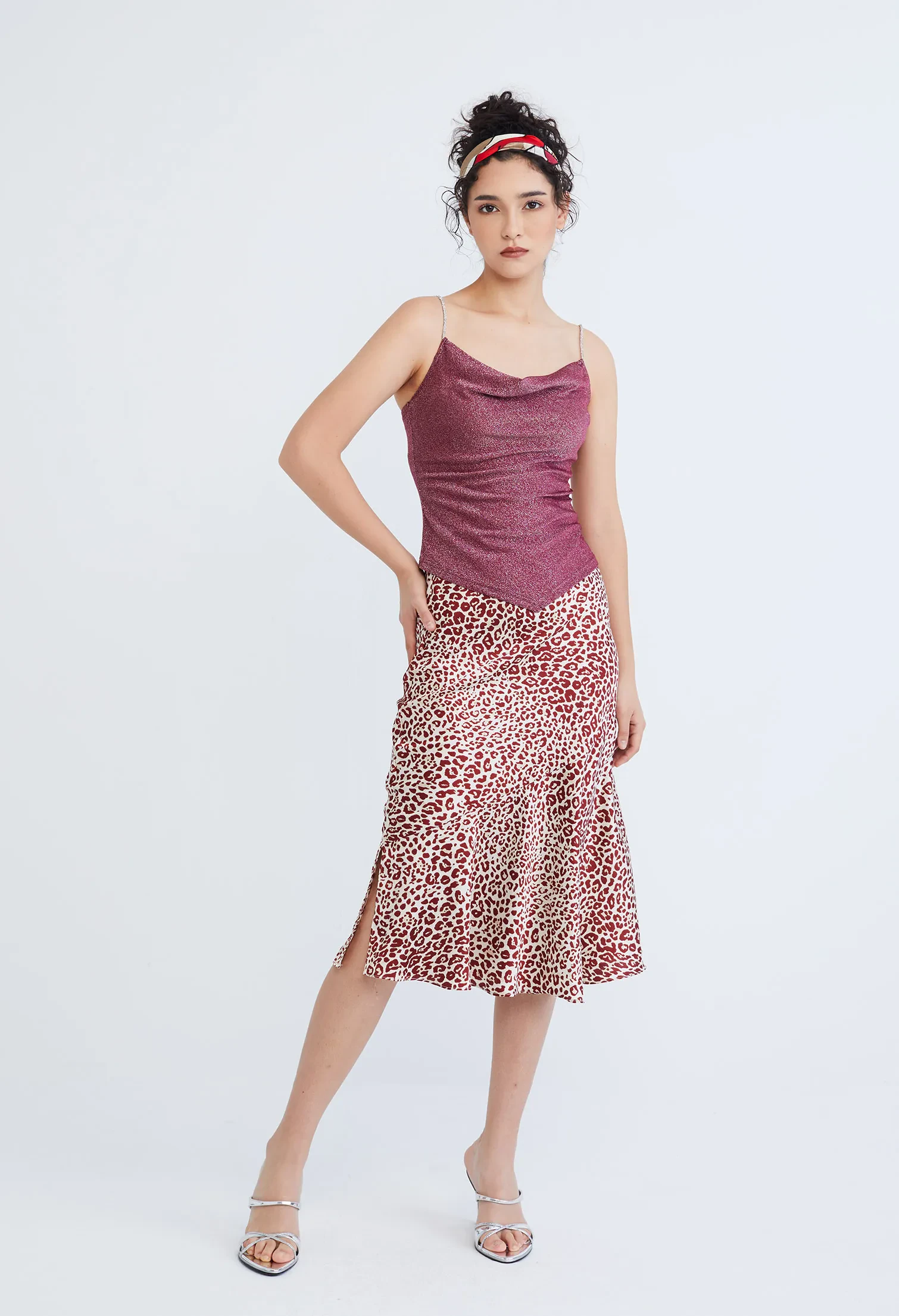 STARLIGHT GLITTER SILVER STRAP COWL TOP [D/RED]