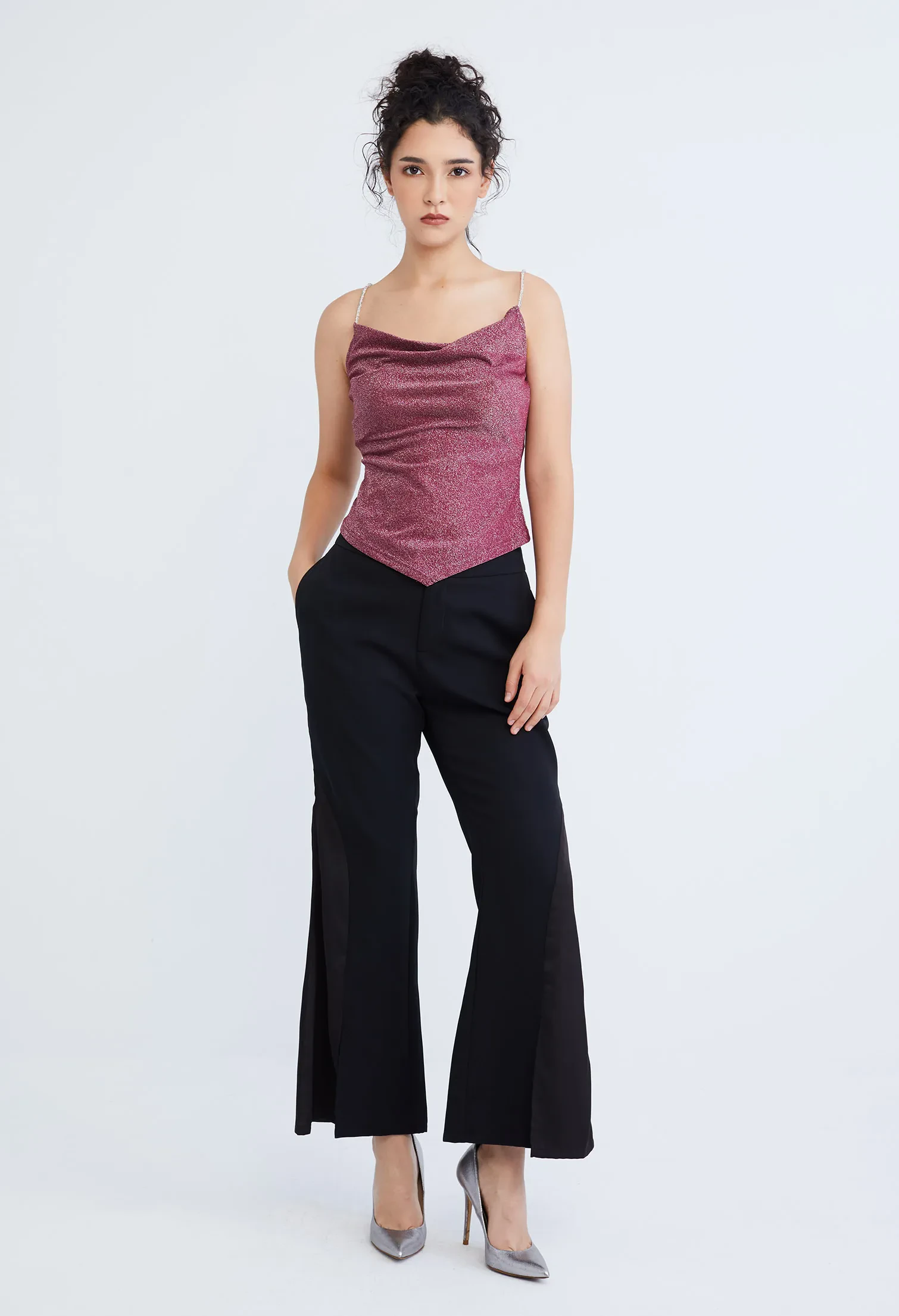 STARLIGHT GLITTER SILVER STRAP COWL TOP [D/RED]