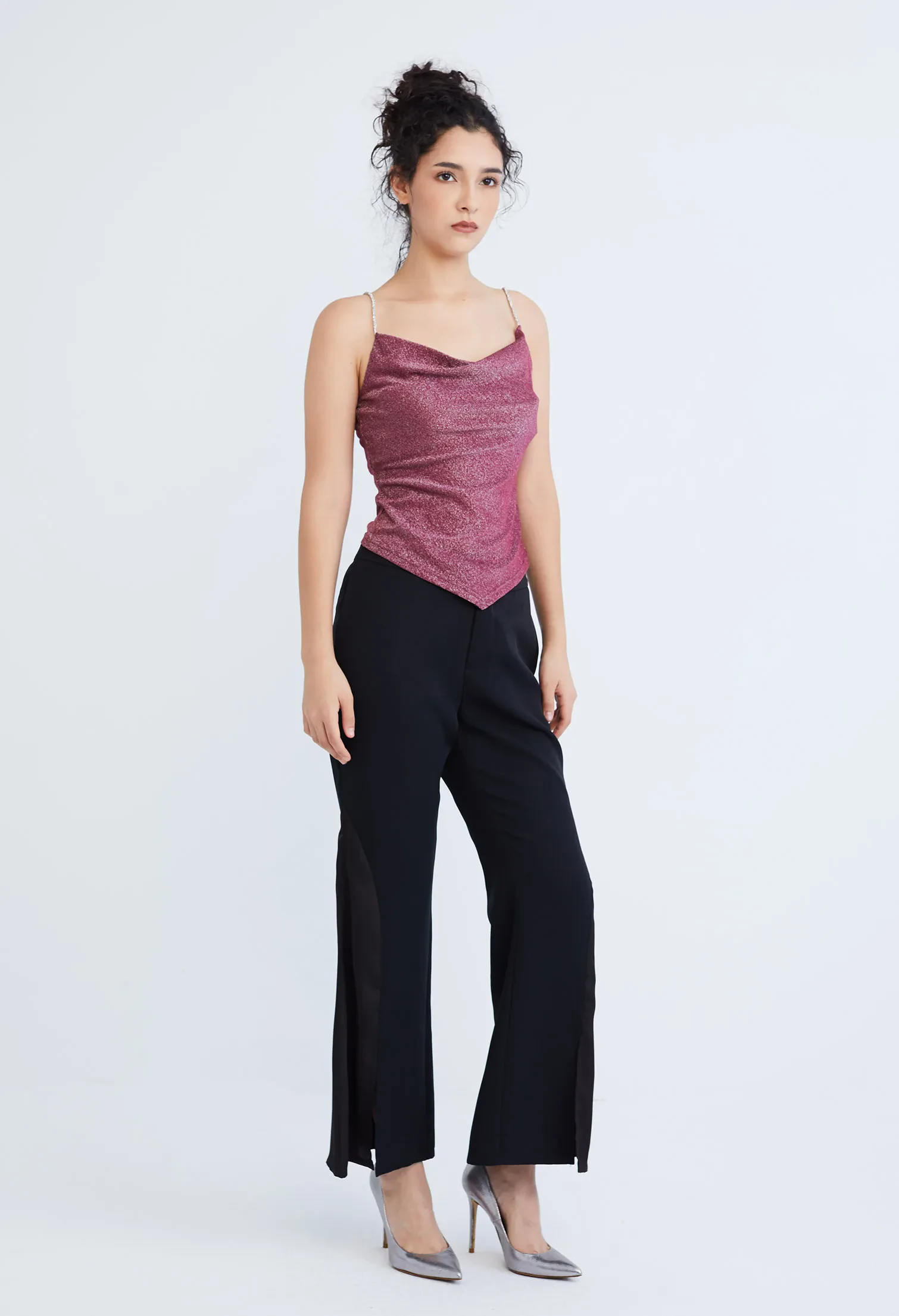 STARLIGHT GLITTER SILVER STRAP COWL TOP [D/RED]