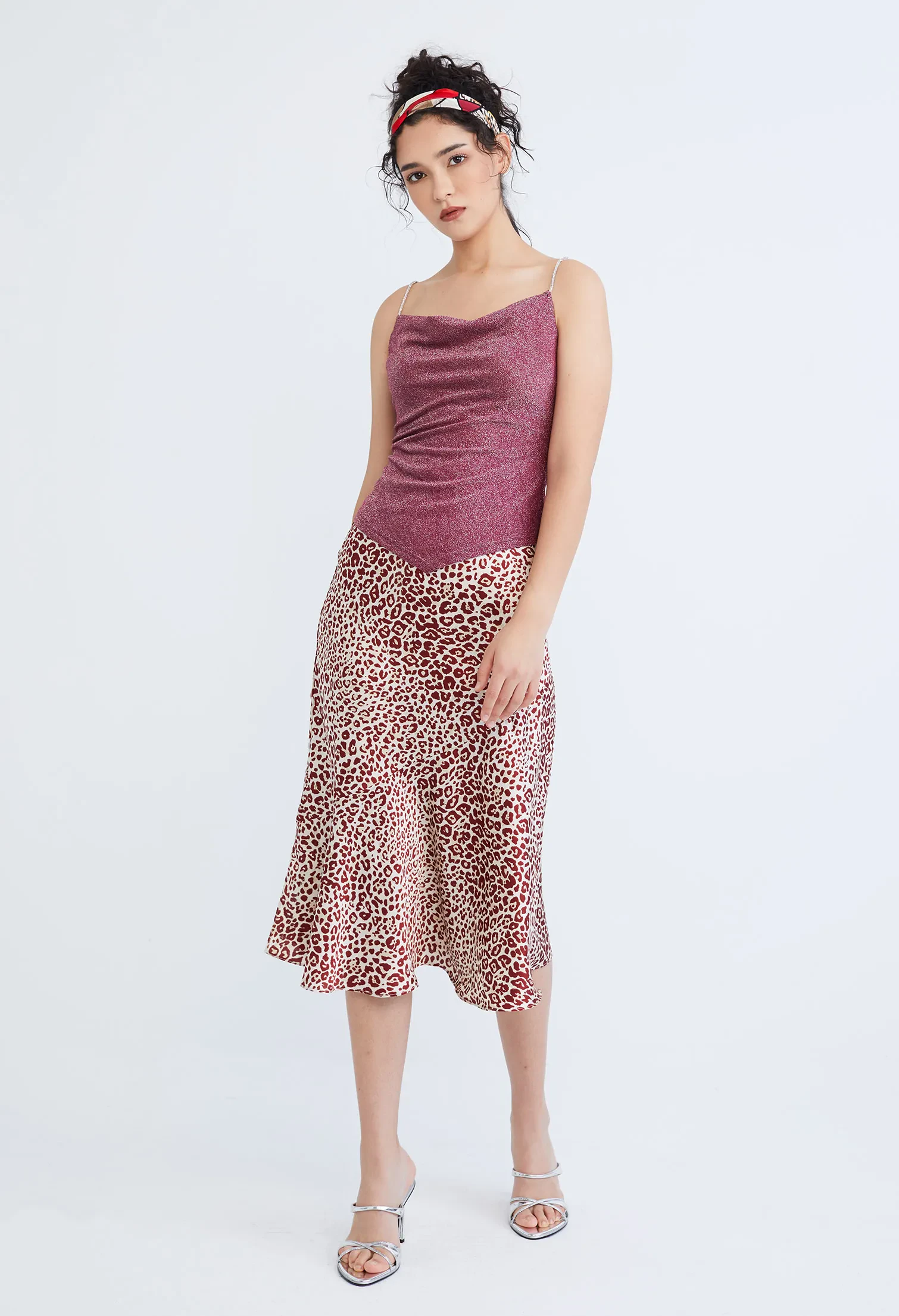 STARLIGHT GLITTER SILVER STRAP COWL TOP [D/RED]
