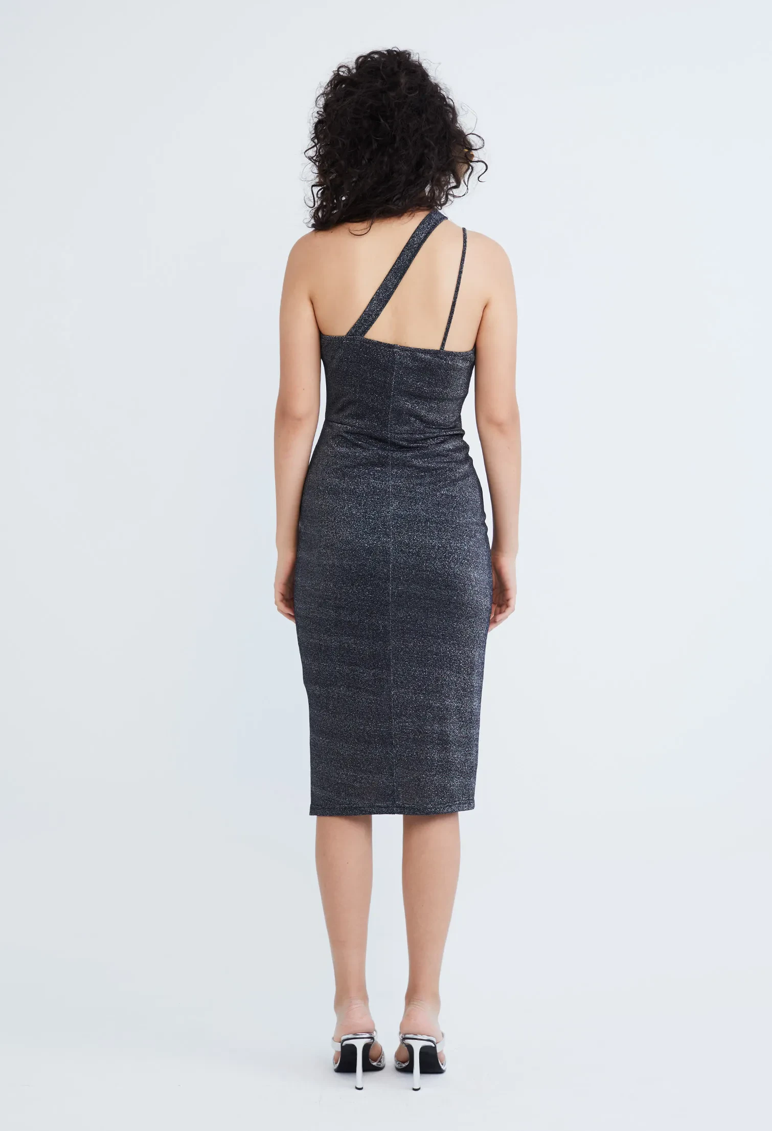 STARLIGHT GLITTER TOGA DUAL STRAP MIDI BODYCON DRESS [BLACK]