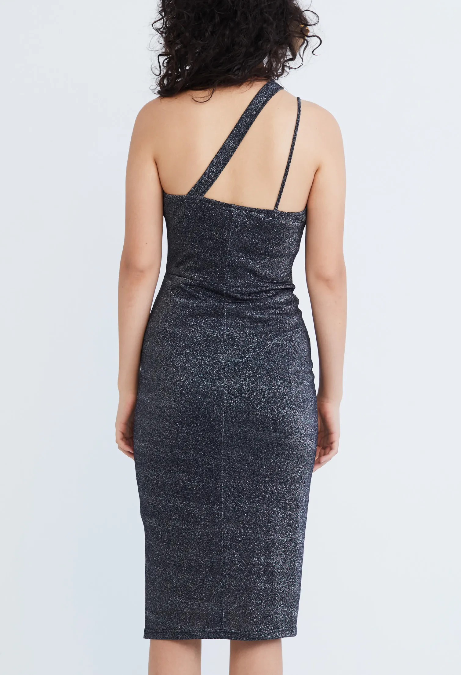STARLIGHT GLITTER TOGA DUAL STRAP MIDI BODYCON DRESS [BLACK]