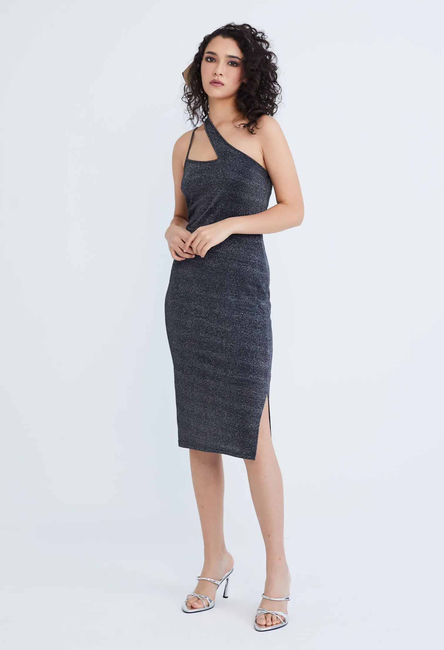 STARLIGHT GLITTER TOGA DUAL STRAP MIDI BODYCON DRESS [BLACK]
