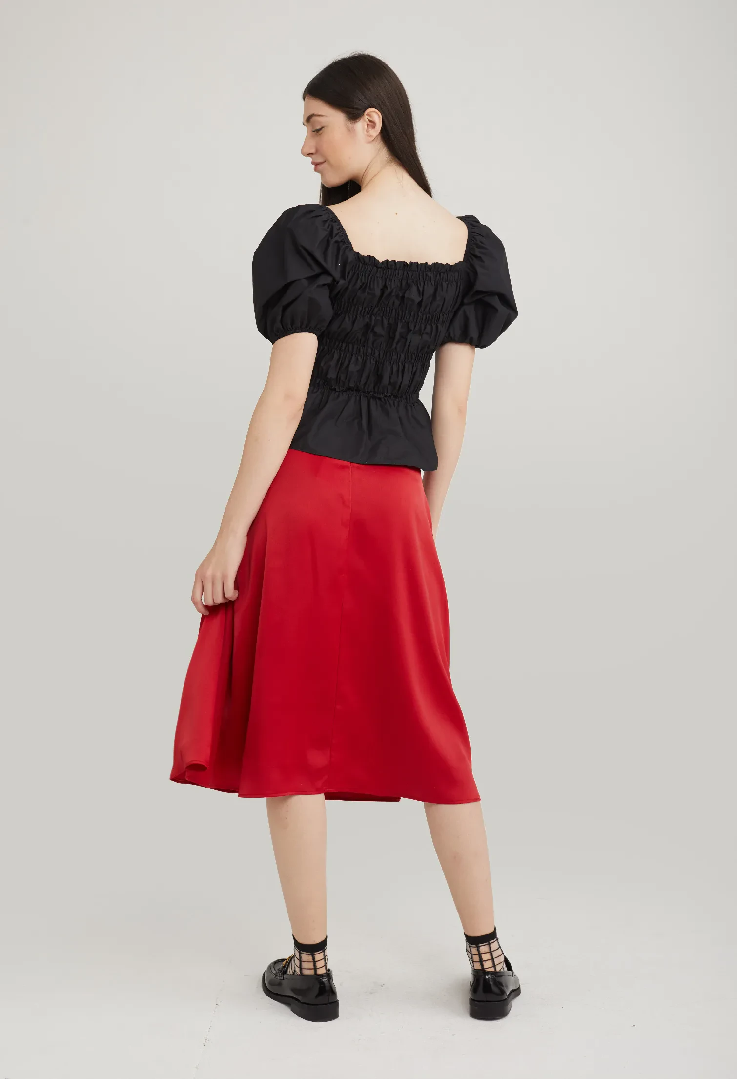 STRETCH BODICE PEPLUM TOP [BLACK]