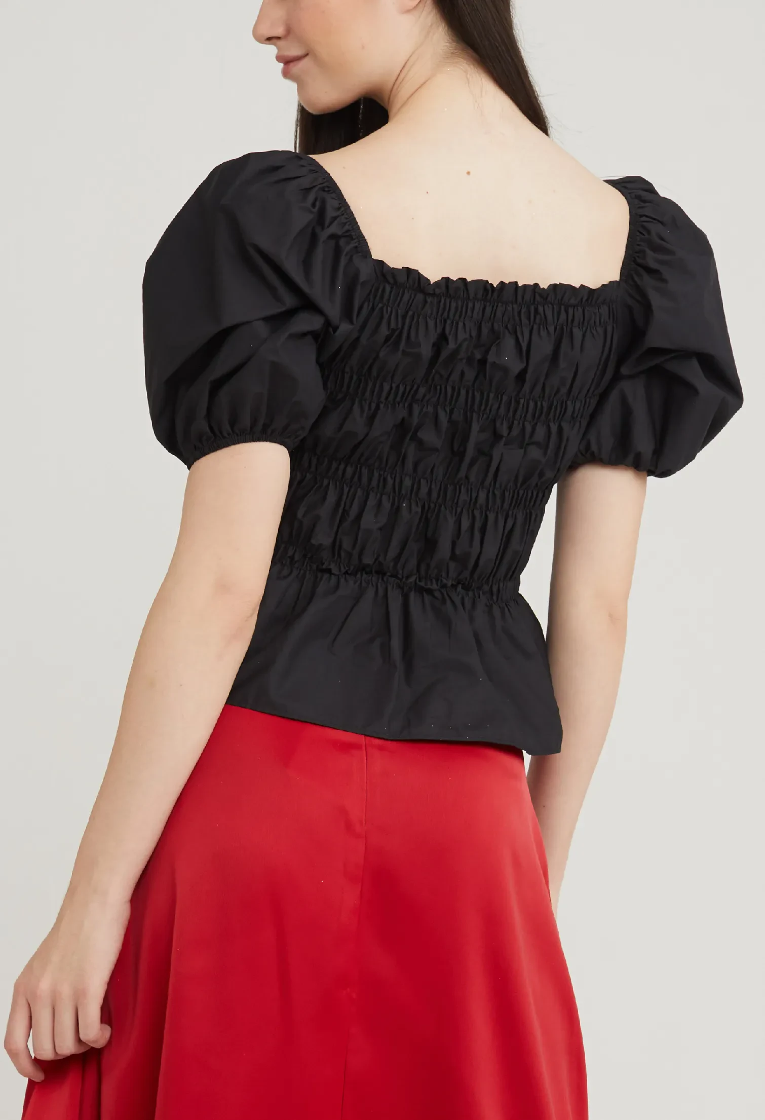 STRETCH BODICE PEPLUM TOP [BLACK]