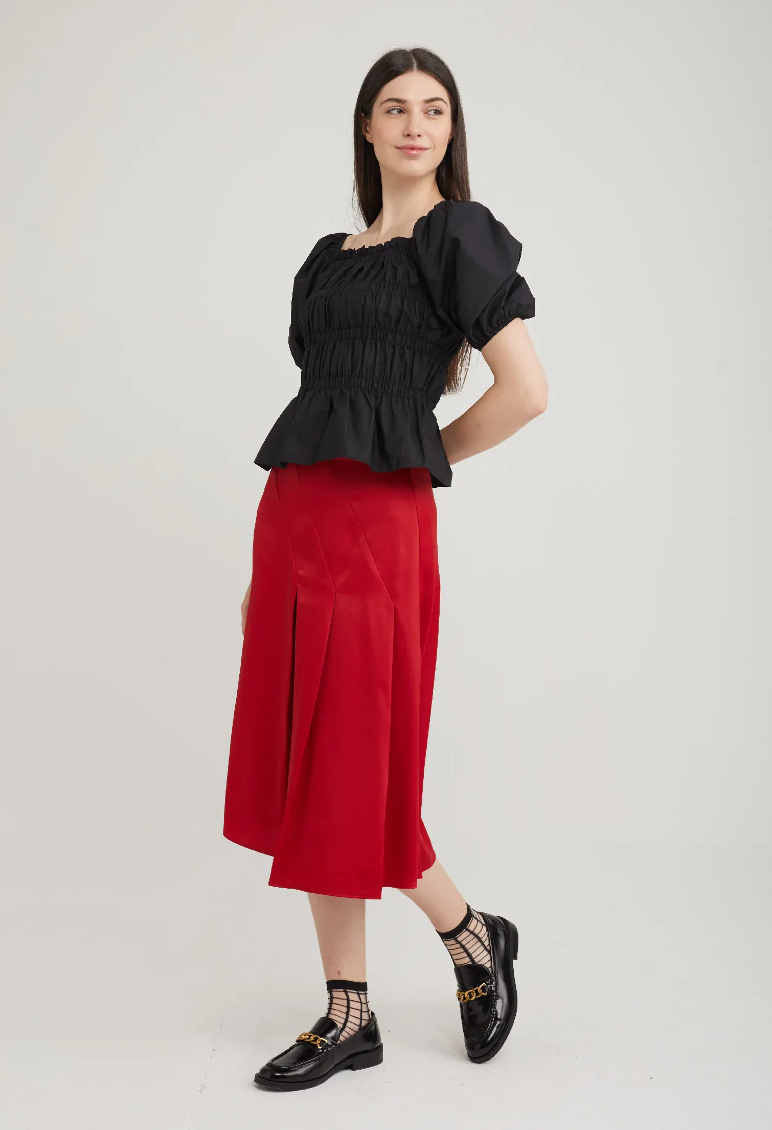 STRETCH BODICE PEPLUM TOP [BLACK]