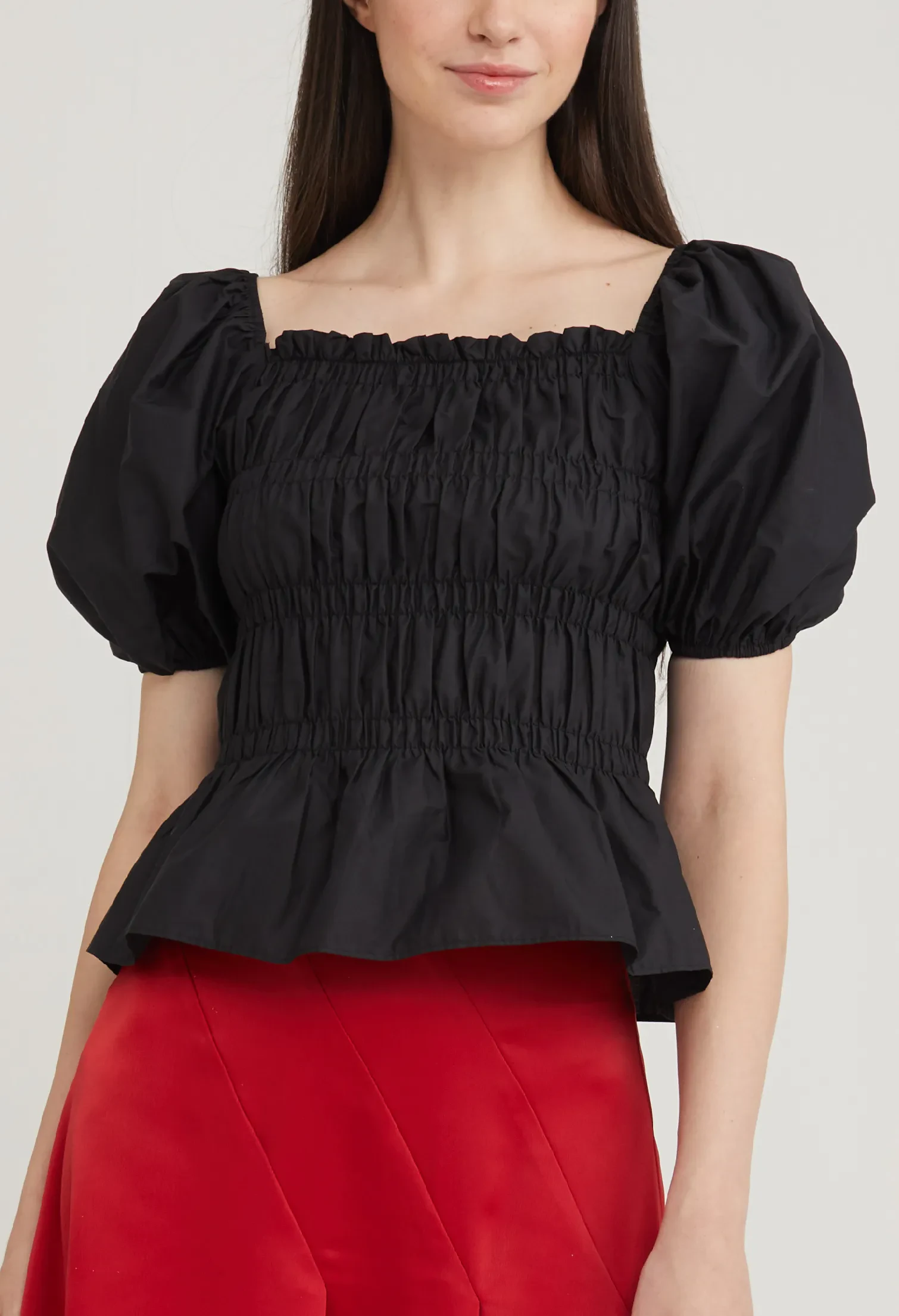 STRETCH BODICE PEPLUM TOP [BLACK]