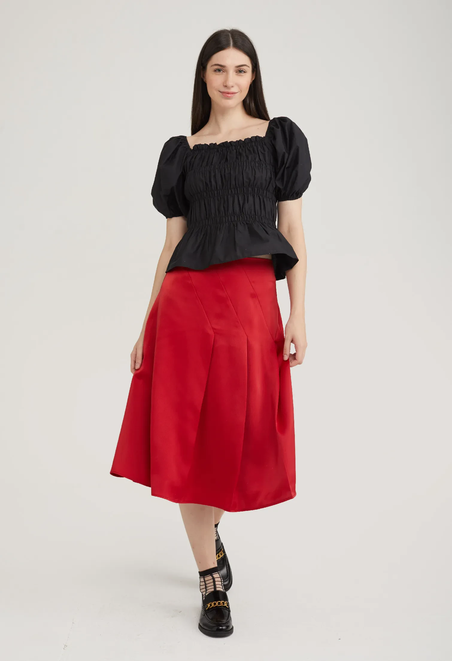 STRETCH BODICE PEPLUM TOP [BLACK]