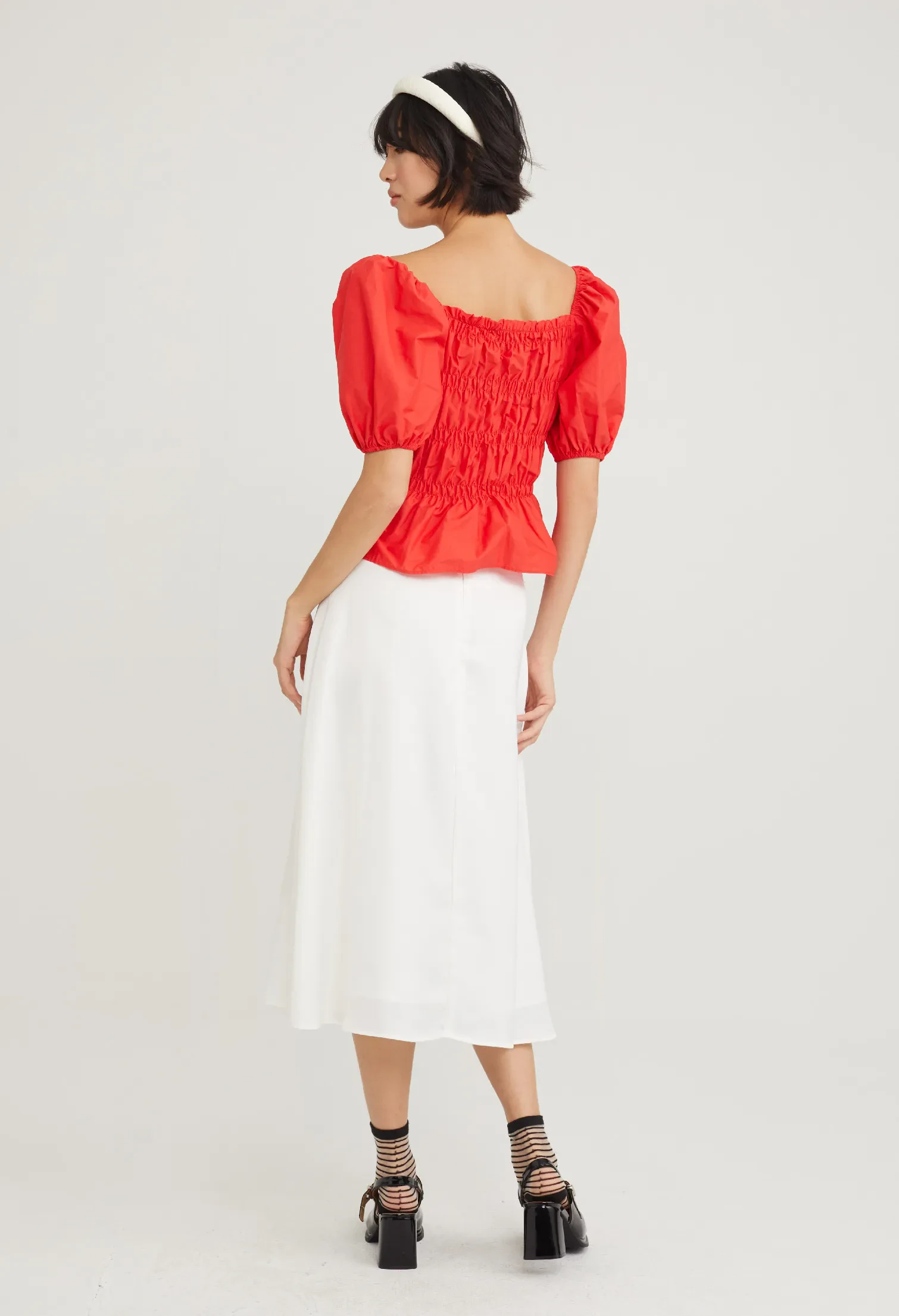 STRETCH BODICE PEPLUM TOP [ORANGE RED]