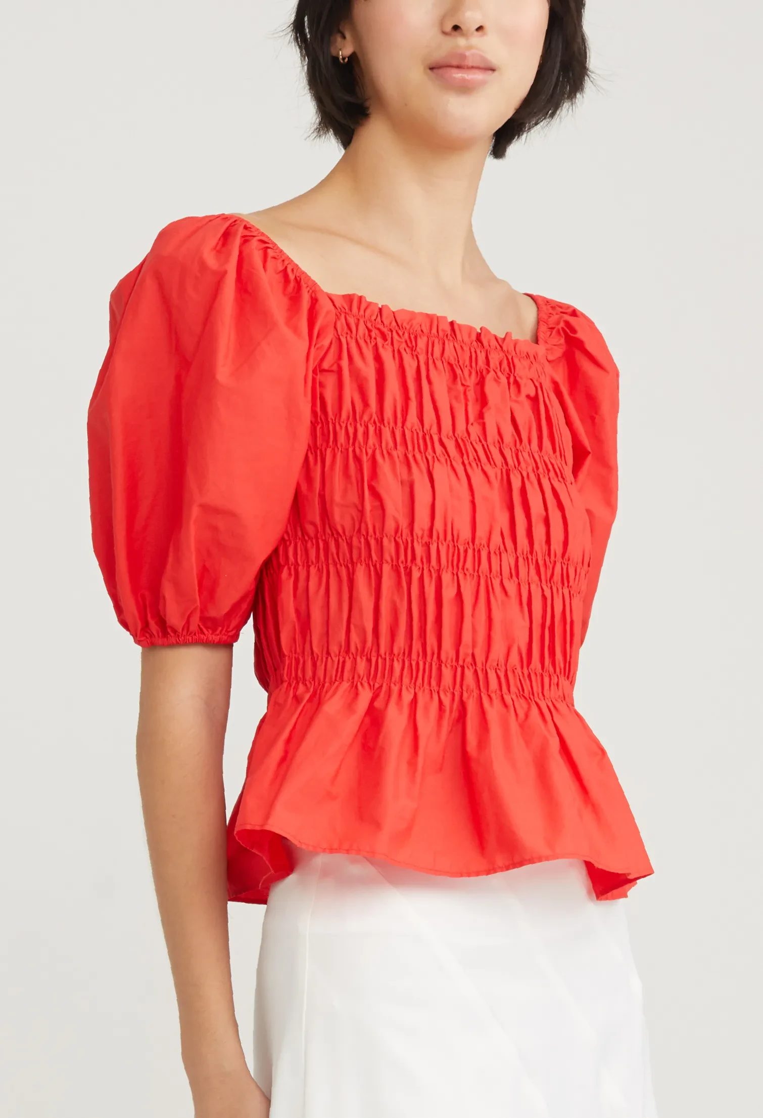 STRETCH BODICE PEPLUM TOP [ORANGE RED]
