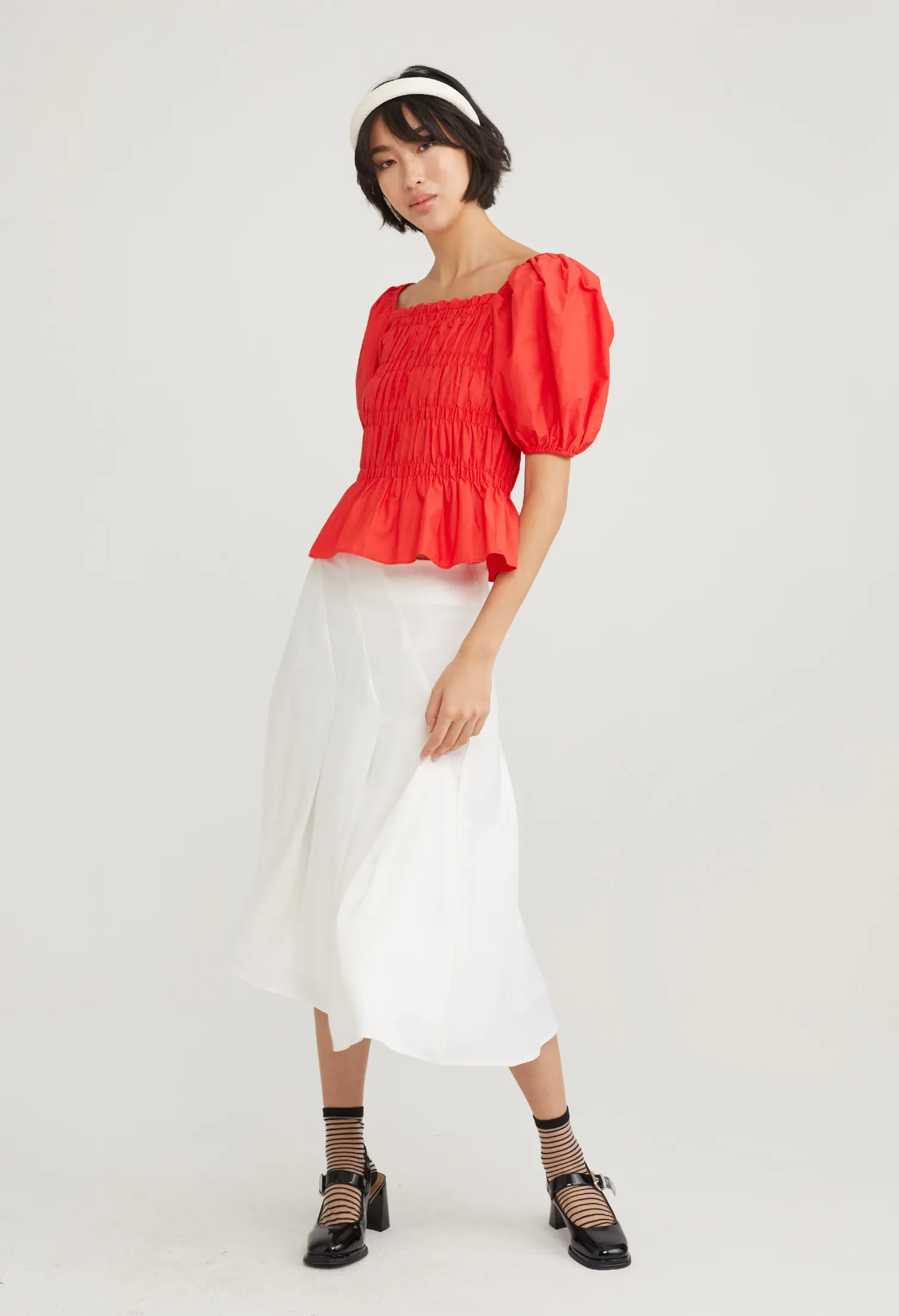 STRETCH BODICE PEPLUM TOP [ORANGE RED]