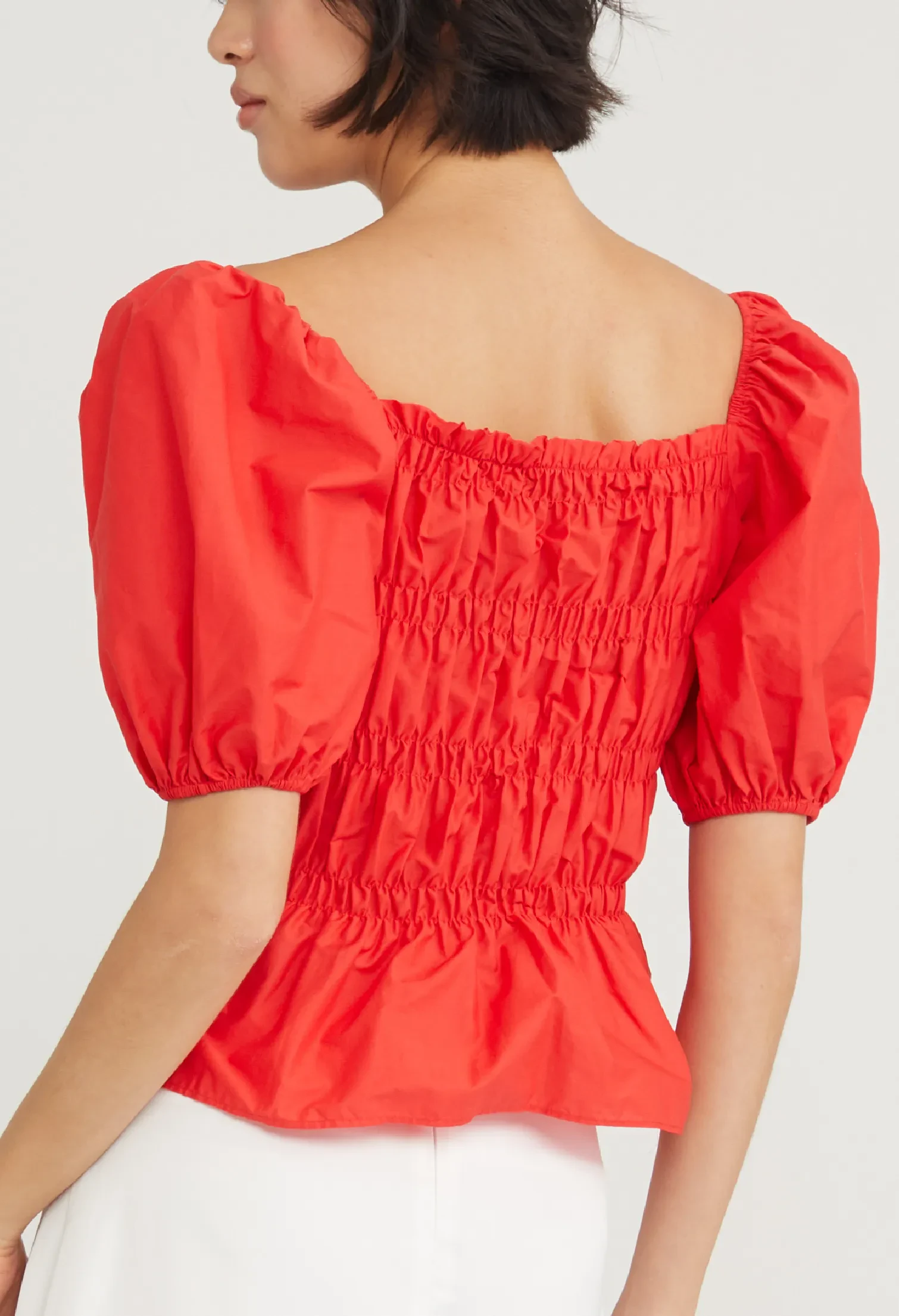 STRETCH BODICE PEPLUM TOP [ORANGE RED]