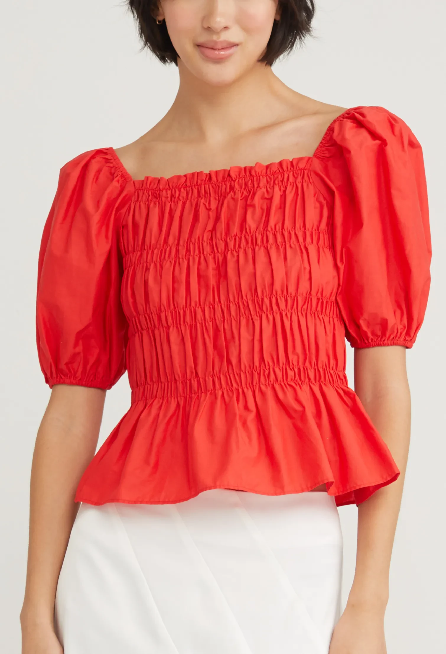 STRETCH BODICE PEPLUM TOP [ORANGE RED]