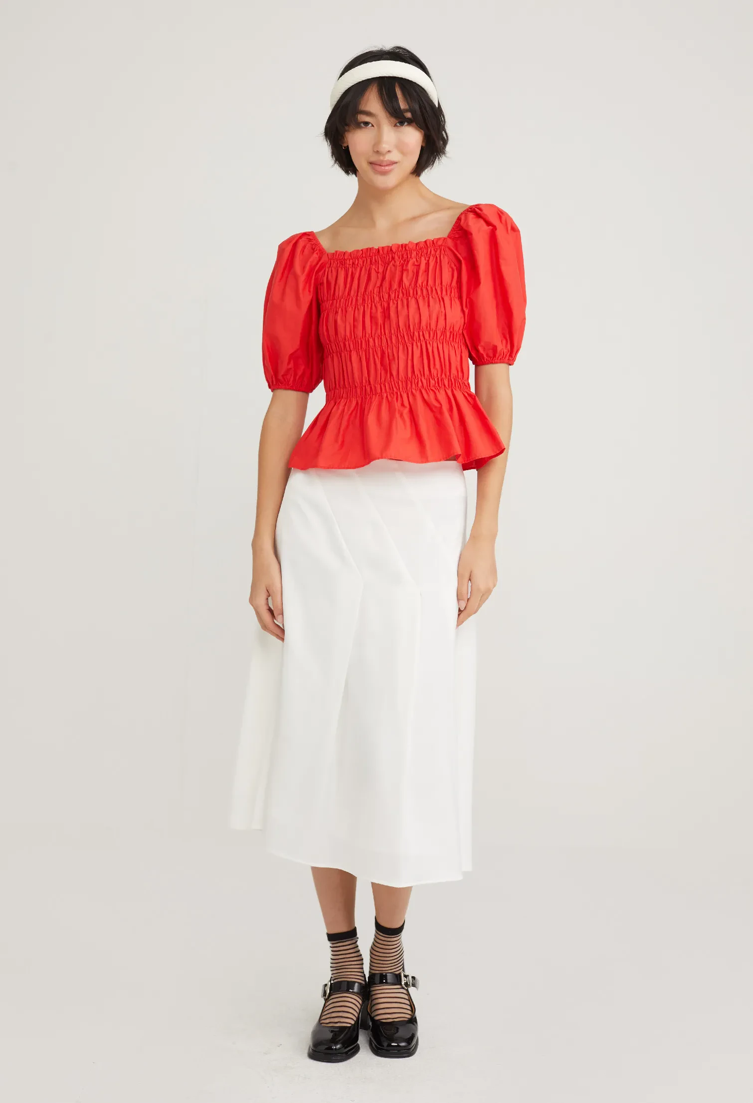 STRETCH BODICE PEPLUM TOP [ORANGE RED]