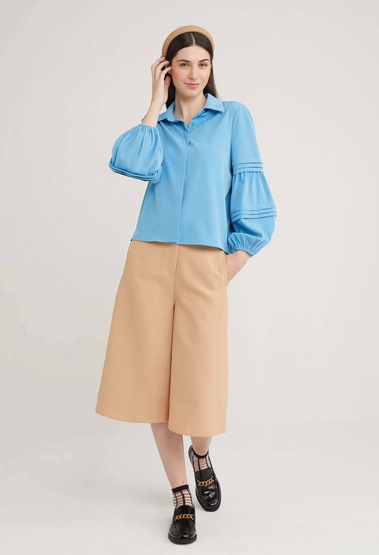 STRIPED TIERED BALLOON SLEEVE BLOUSE [BLUE]