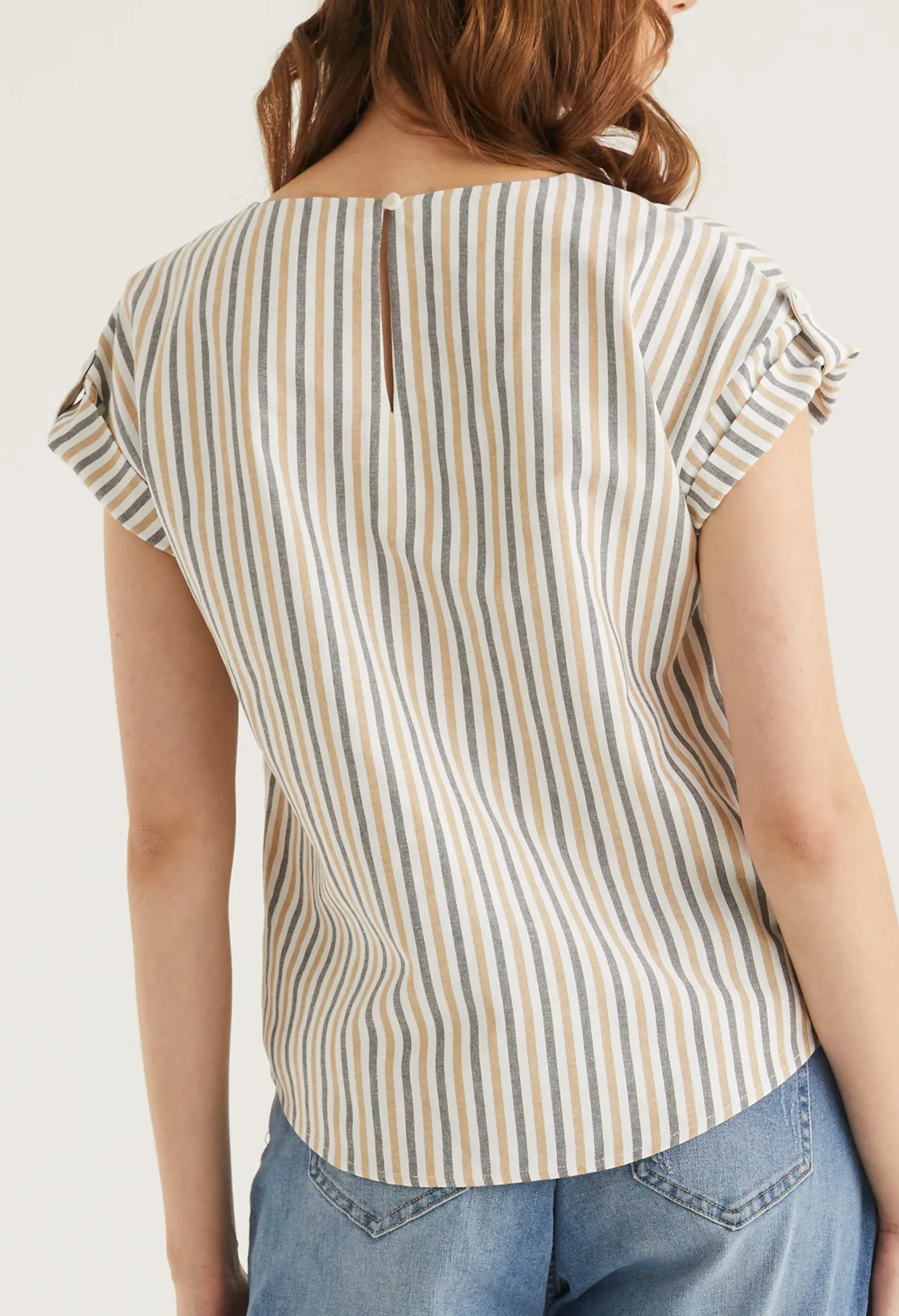 STRIPED V NECK CUFFED SLEEVE BLOUSE [CAMEL]